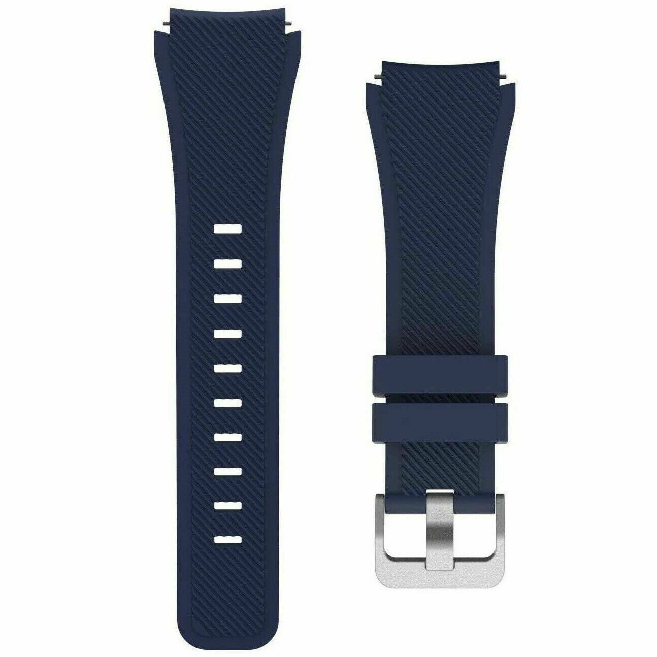 Zwei dunkelblaue Uhrenarmbänder auf weißem Hintergrund. Der linke Riemen hat mehrere weiße Linien. Der rechte Riemen hat eine Schnalle.