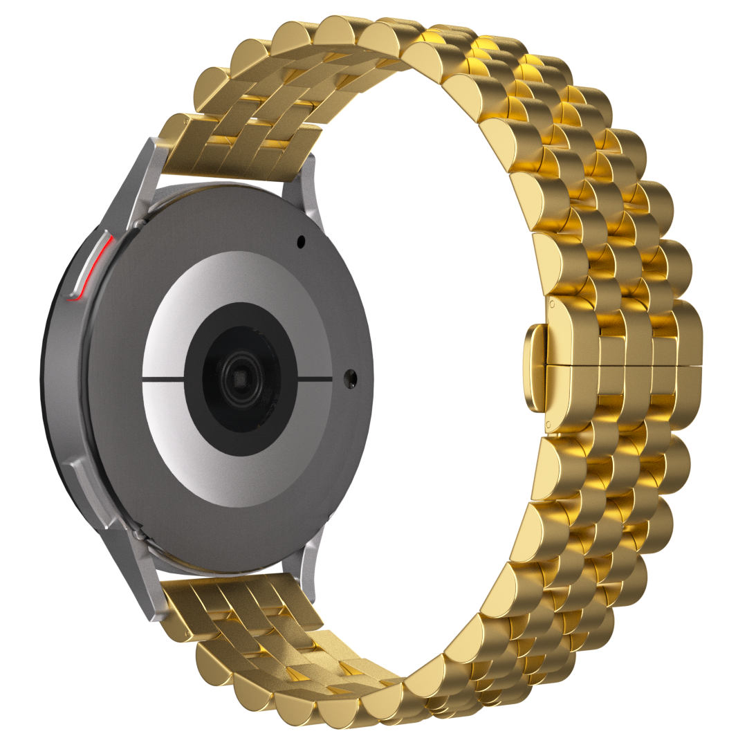 Eine goldene Uhr mit einem metallgrauen Gehäuse. Das Uhrenarmband ist goldfarben, verbunden und gebogen. Der Hintergrund ist schwarz.