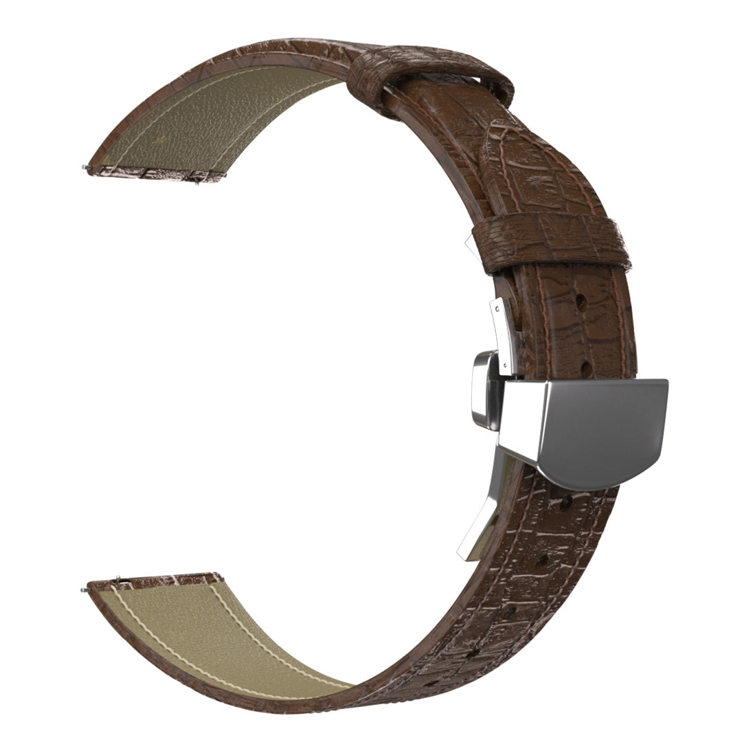 Braunes Leder-Armband mit Krokodil-Textur. Silberne Schnalle. Beige Innenseite.