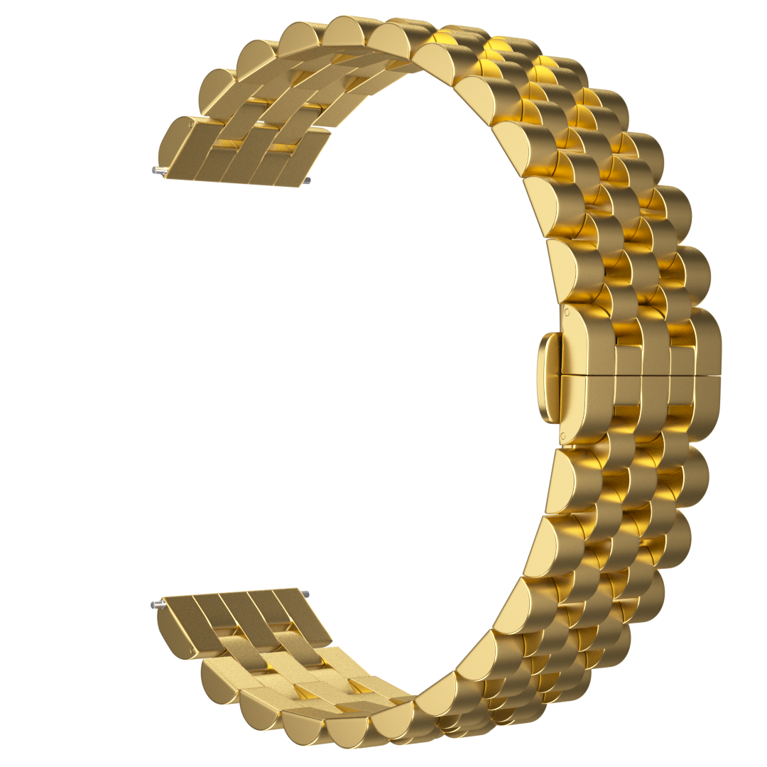 Ein goldfarbenes Uhrenarmband wölbt sich vor einem schwarzen Hintergrund. Das Armband besteht aus kleinen, verbundenen rechteckigen Gliedern.