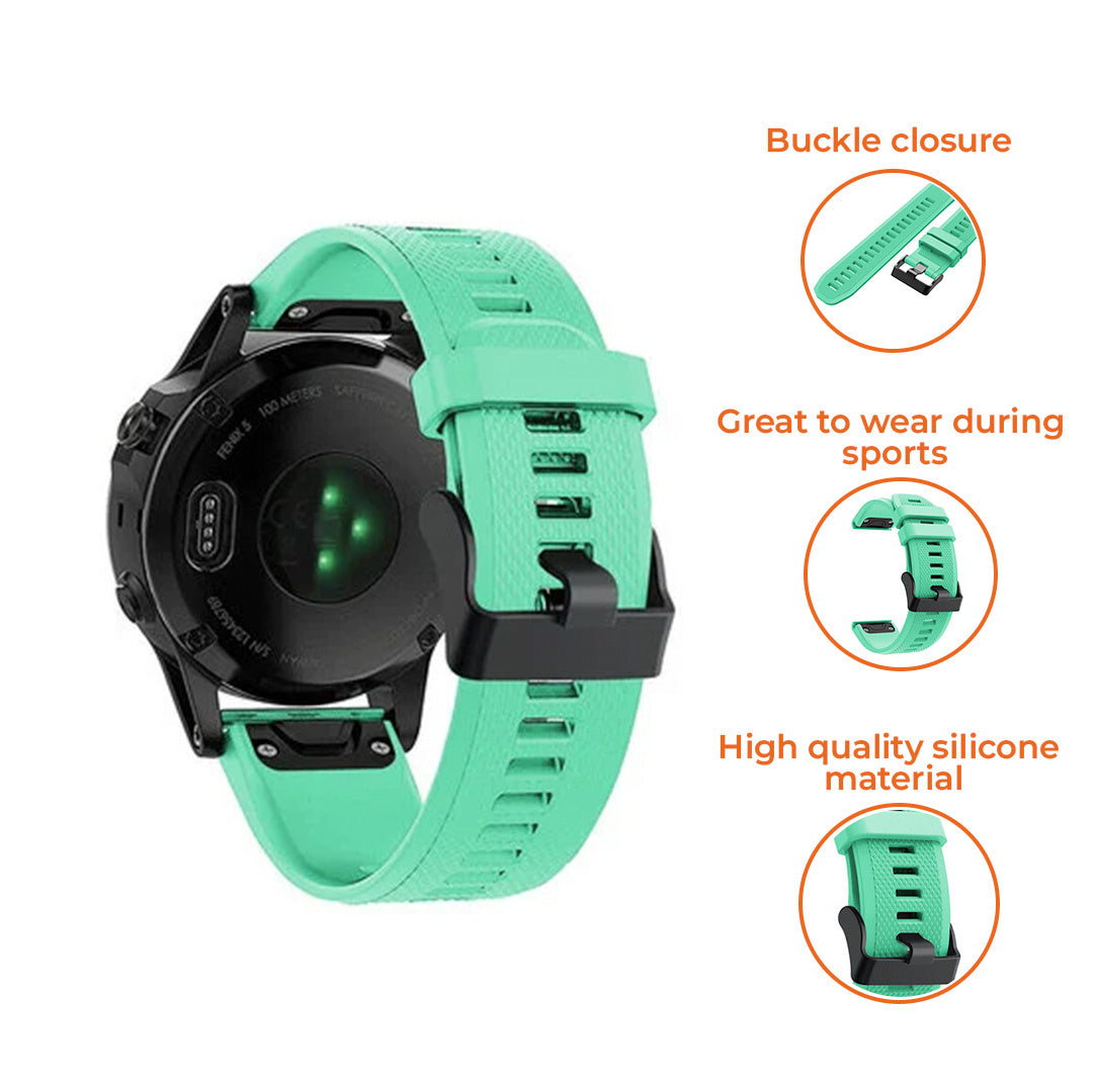 Ein mintgrünes Uhrenarmband mit schwarzem Zifferblatt. Das Armband ist aus Silikon. Zusätzliche Bilder zeigen Schnalle und Banddetails.