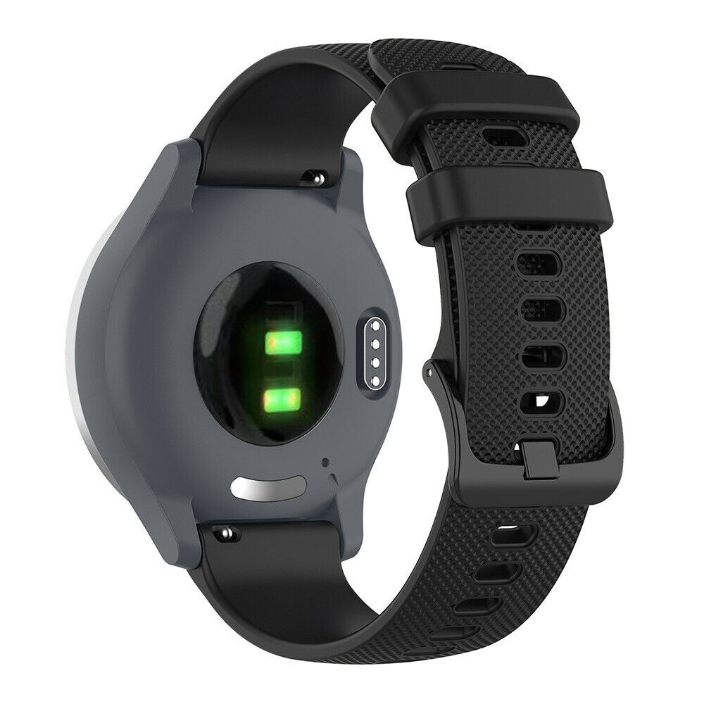 Eine dunkelgraue Smartwatch mit schwarzem Armband. Die Rückseite zeigt einen Herzfrequenzsensor mit grünen Lichtern. Das Armband ist strukturiert.