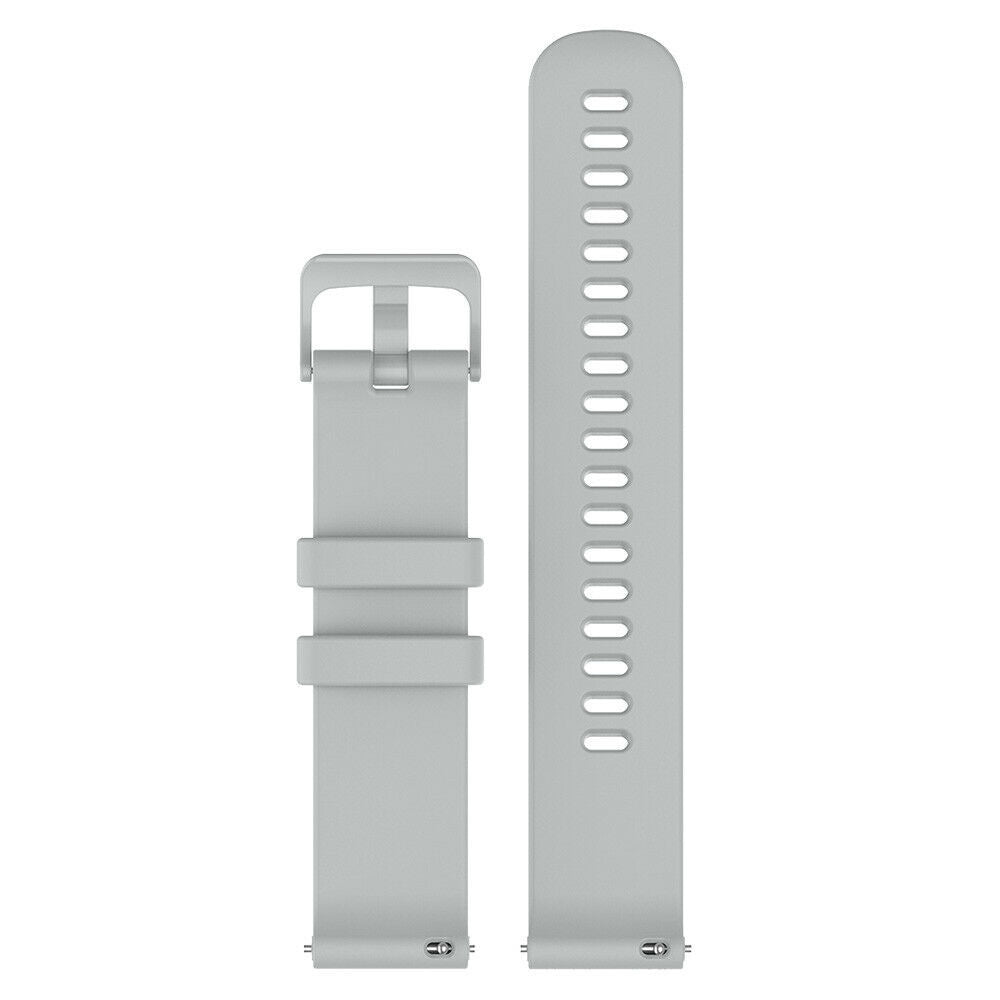 Zwei hellgraue Uhrenarmbänder. Eines mit Schnalle, das andere mit Löchern. Beide auf weißem Hintergrund.