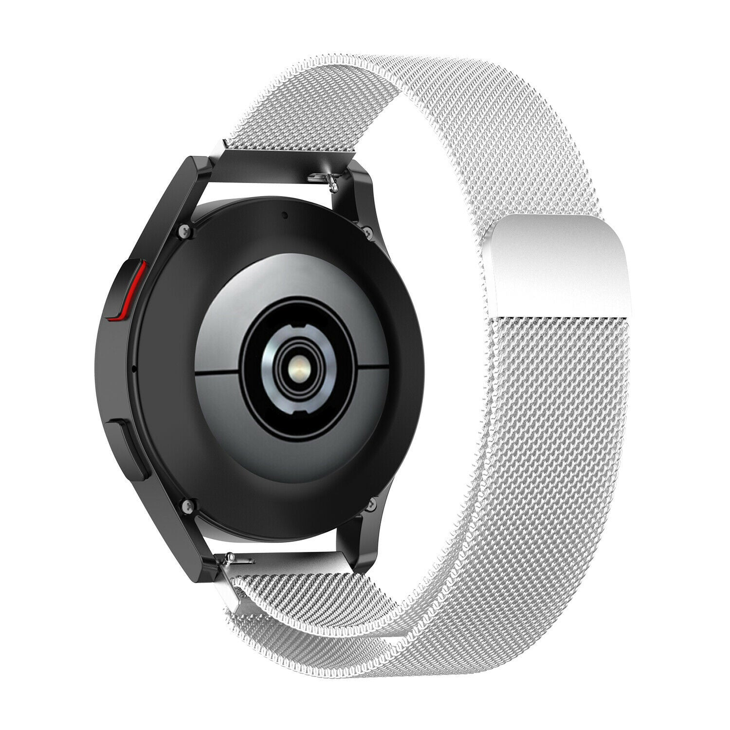 Eine schwarze Smartwatch mit silbernem Metallband. Das Zifferblatt ist schwarz mit einem silbernen Innenring. Das Band ist aus Metallgewebe.