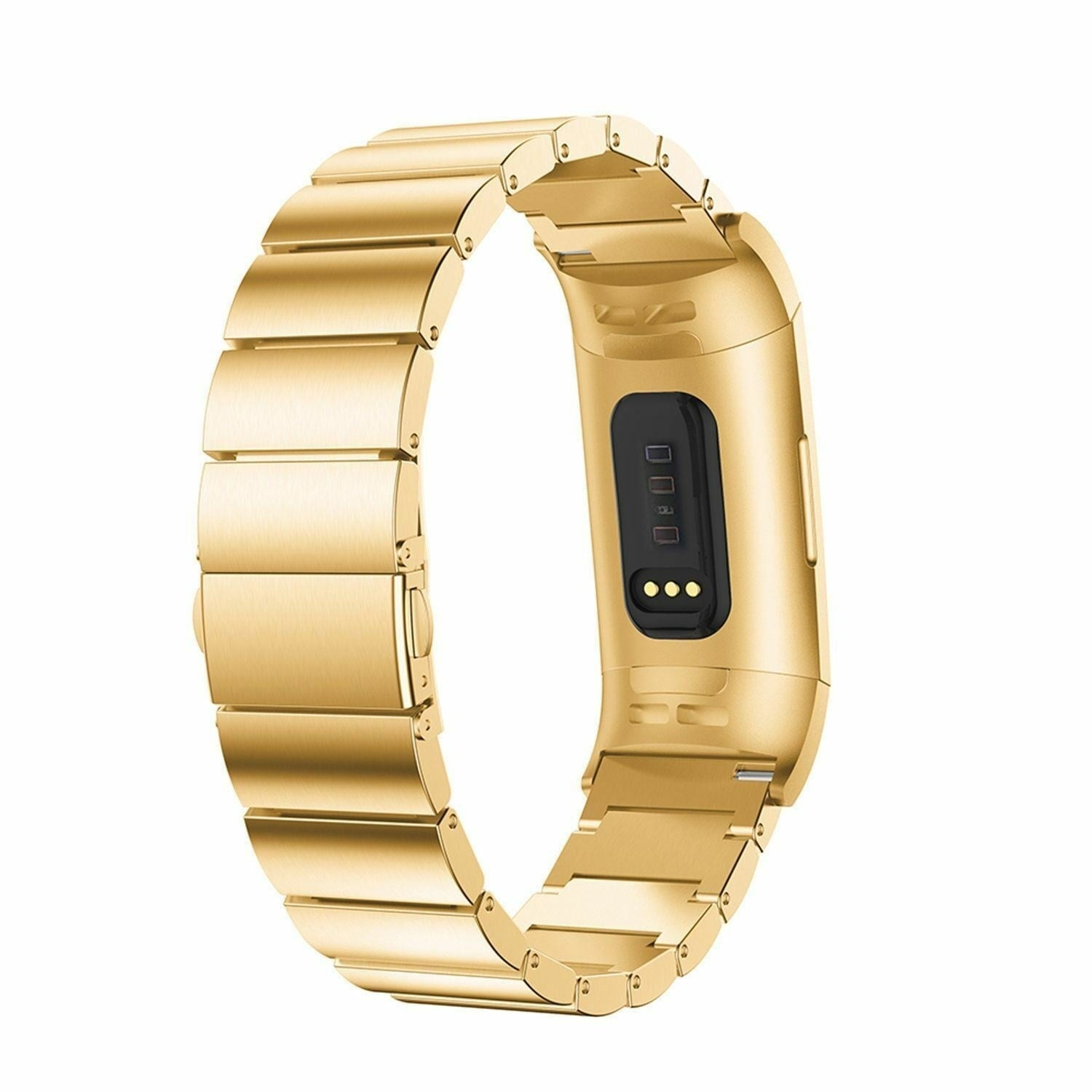 Goldfarbene Smartwatch mit Metallarmband. Der Bildschirm ist schwarz mit einigen weißen Indikatoren. Die Uhr vor weißem Hintergrund.