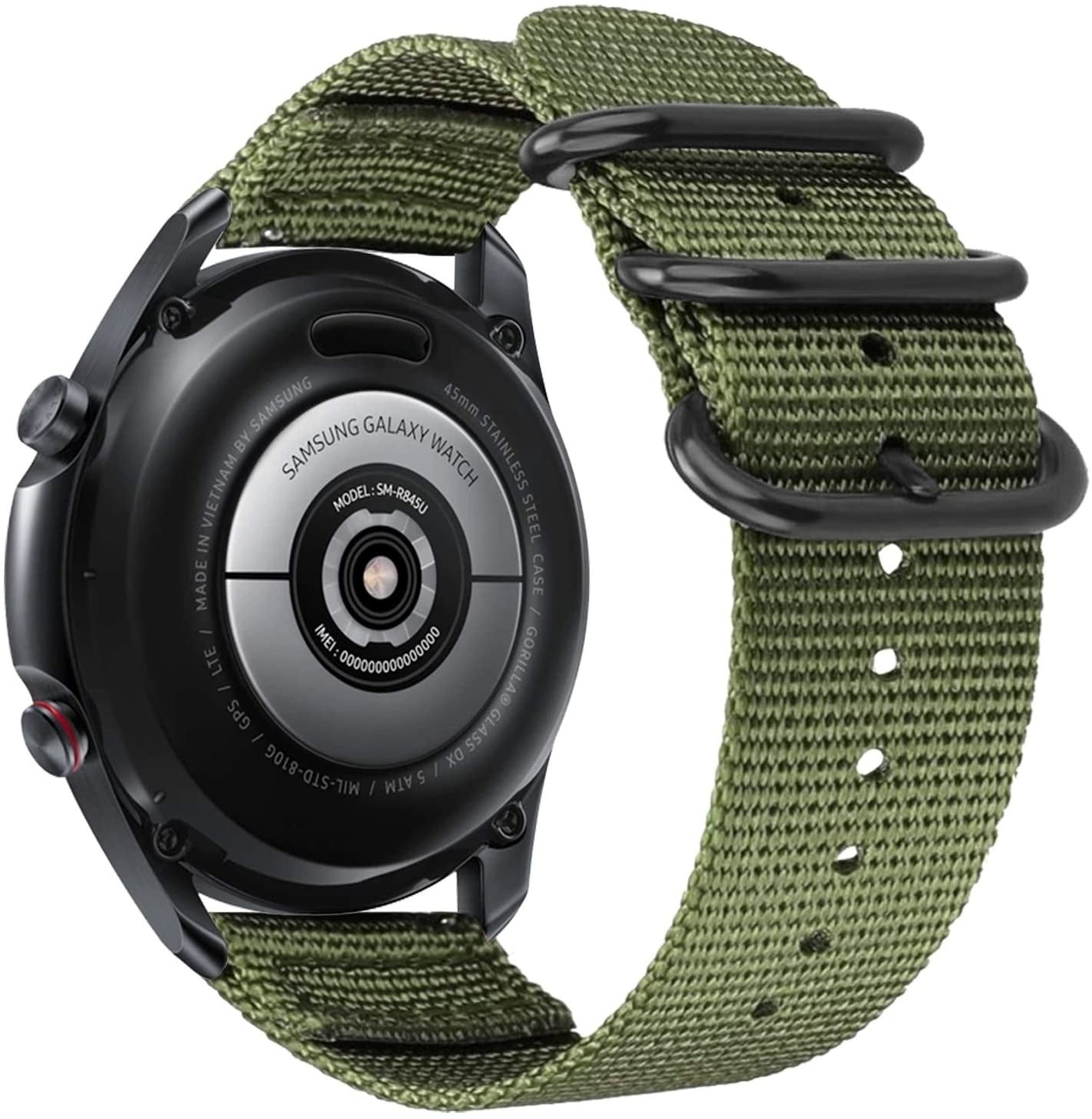 Eine schwarze Samsung Galaxy Watch mit grünem Stoffarmband. Auf der Rückseite der Uhr sind Modellinformationen und Spezifikationen zu sehen.