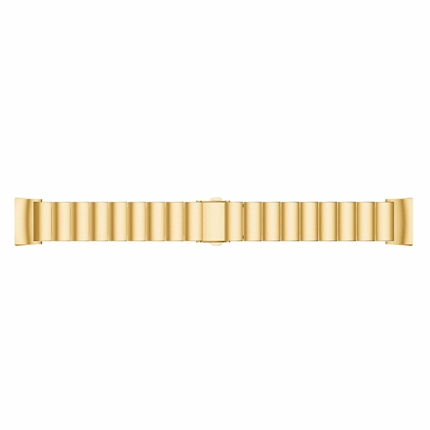 Ein goldfarbenes Uhrenarmband liegt horizontal vor weißem Hintergrund. Das Armband besteht aus rechteckigen Gliedern.