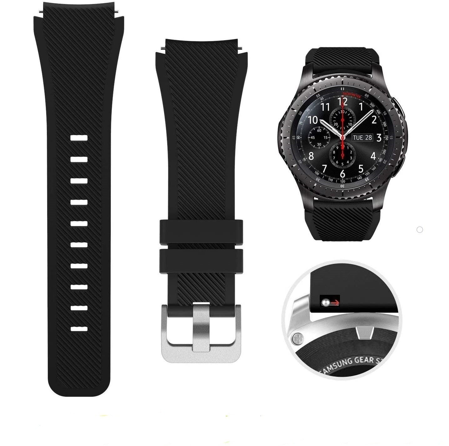 Eine schwarze Samsung Gear S Smartwatch mit ihren Armbandkomponenten. Enthält Nahaufnahmen der Schnalle und des Zifferblatts mit Tachymeterlünette.