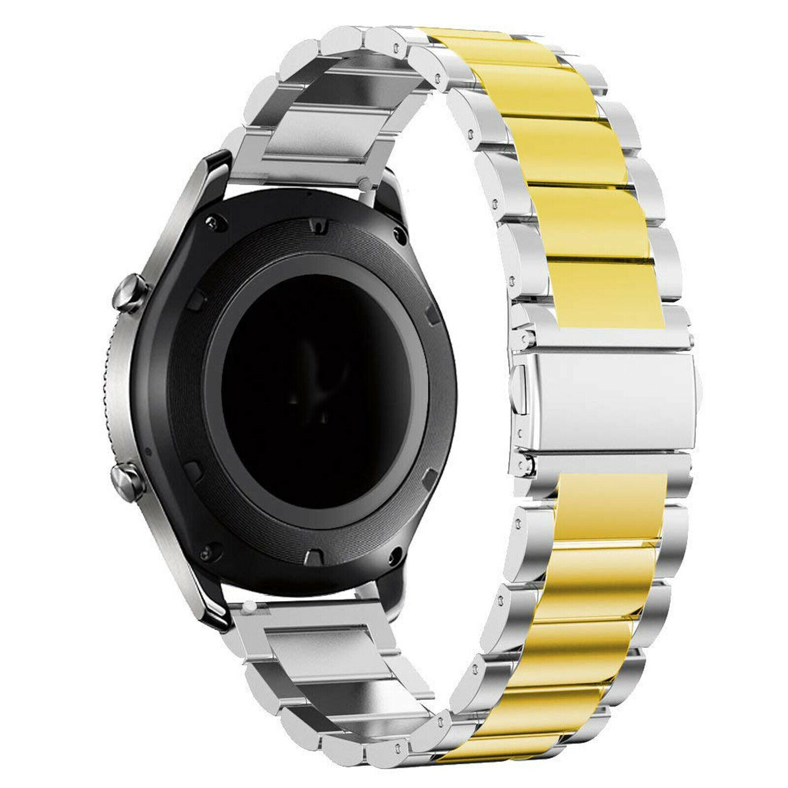 Nahaufnahme einer Smartwatch mit silbernem und goldenem Metallarmband. Das Zifferblatt ist schwarz. Das Band ist teilweise golden.
