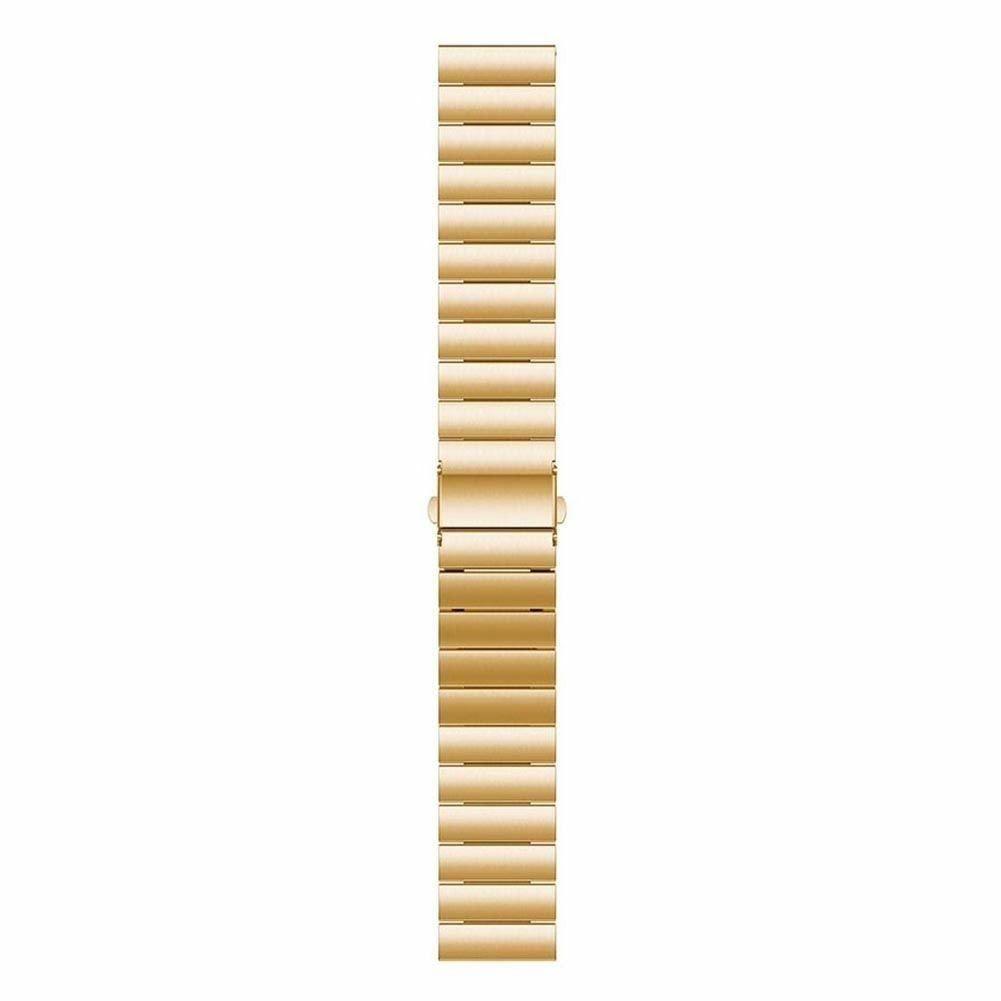 Ein goldenes Uhrenarmband liegt vertikal vor einem weißen Hintergrund. Das Armband besteht aus kleinen rechteckigen Gliedern.