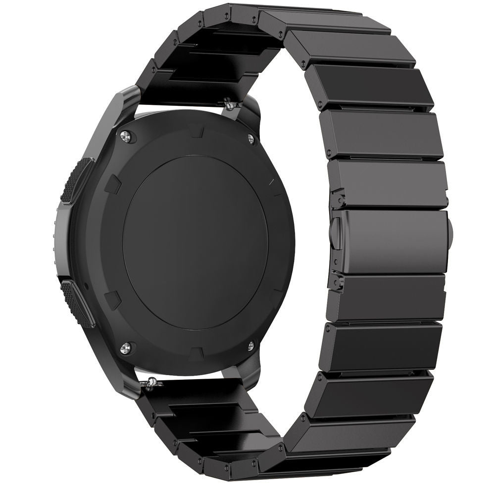Eine schwarze Smartwatch mit Metallarmband wird gezeigt. Das Zifferblatt und das Armband sind sichtbar und zeigen ein modernes Design.