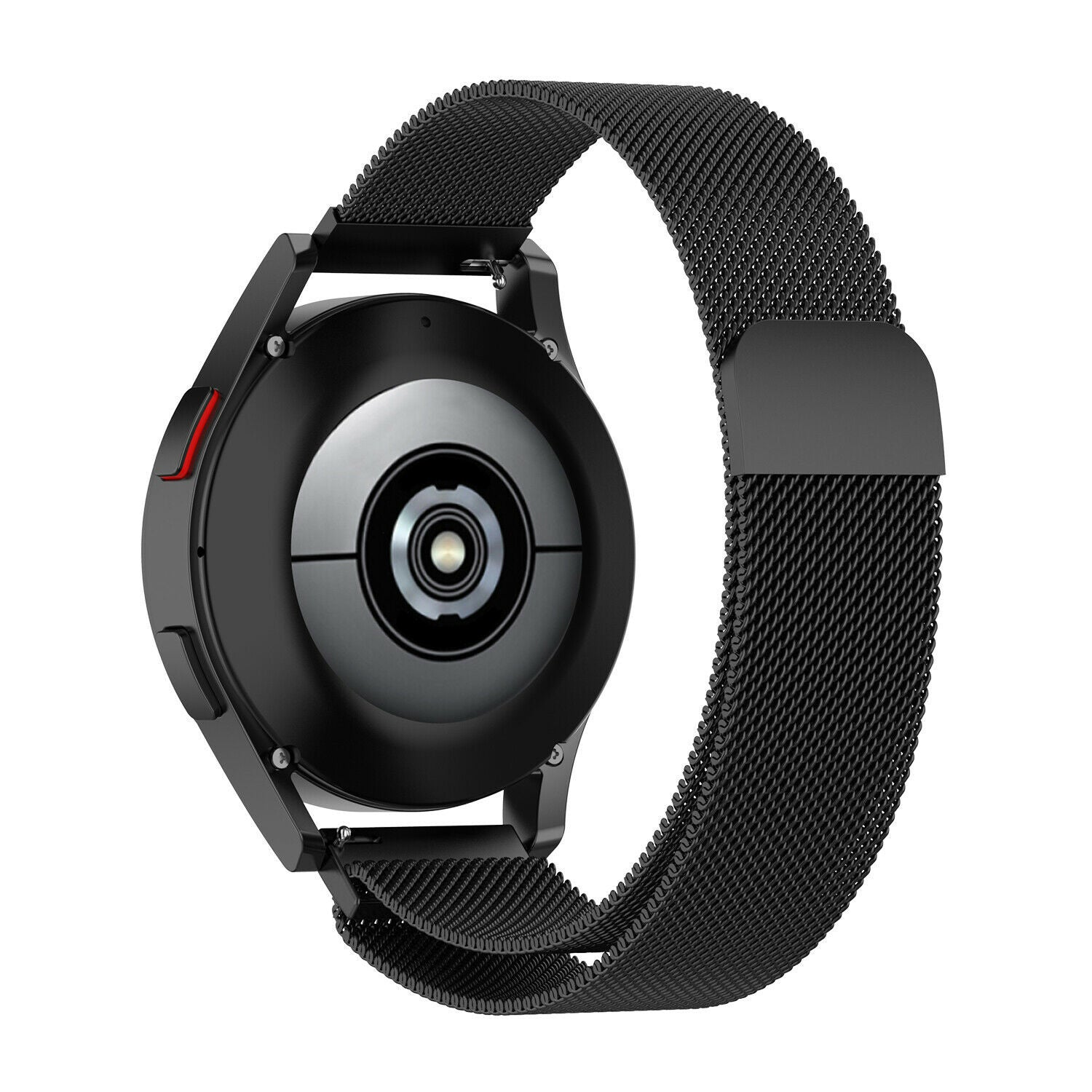 Schwarze Smartwatch mit Mesh-Armband, schräge Ansicht. Das Zifferblatt ist schwarz, das Armband ist flexibel und die Rückseite hat Sensoren.