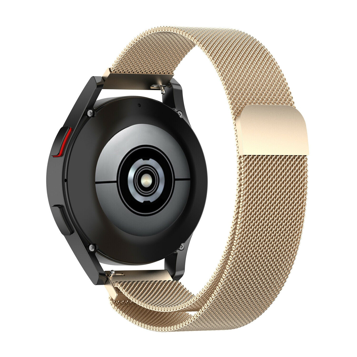 Schwarze Smartwatch mit goldenem Mesh-Armband. Die Uhr hat ein schwarzes Gehäuse mit rotem Knopf. Das Band ist metallisch und verbindet sich mit der Uhr.