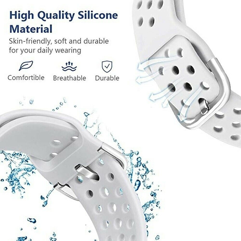 Weiße Silikon-Uhrenarmbänder mit Metallschnallen. Text: Hochwertiges Silikonmaterial, hautfreundlich, weich und langlebig. Icons für Komfort, Atmungsaktivität und Haltbarkeit.