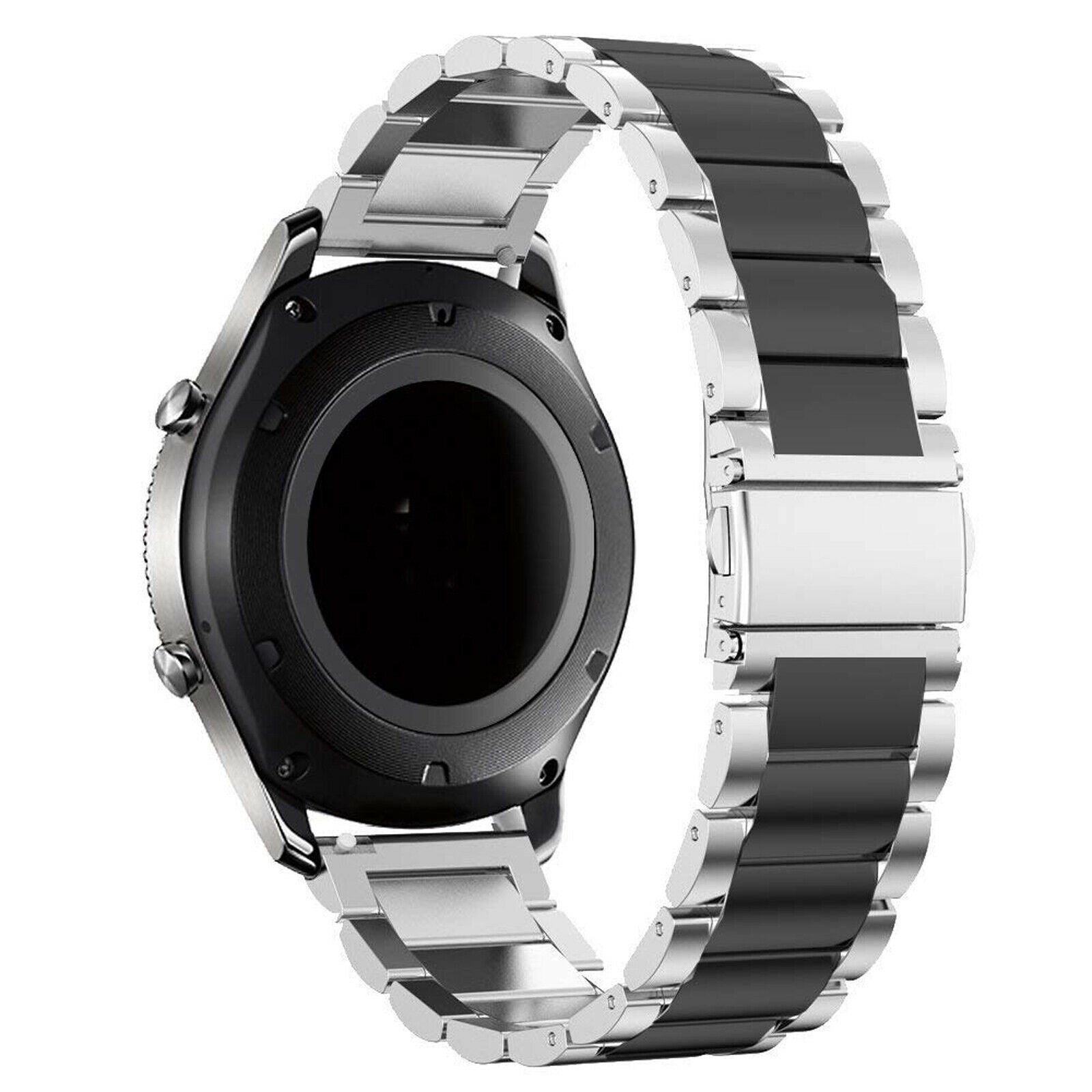 Eine schwarze Smartwatch mit silbernem Armband. Das Armband wechselt silberne und schwarze Glieder ab.