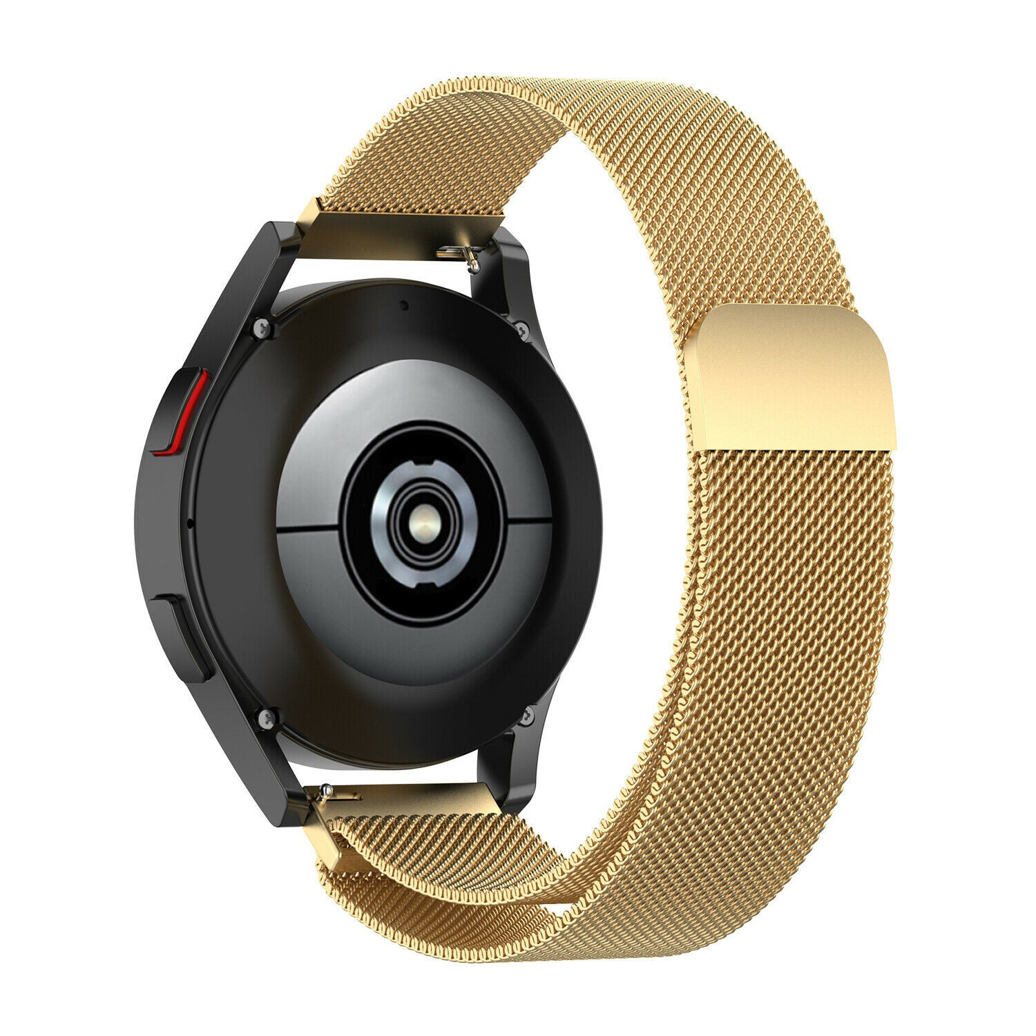 Eine schwarze Smartwatch mit goldenem Mesh-Armband. Die Rückseite der Uhr ist sichtbar, zusammen mit einem roten Knopf und einem goldenen Verschluss.