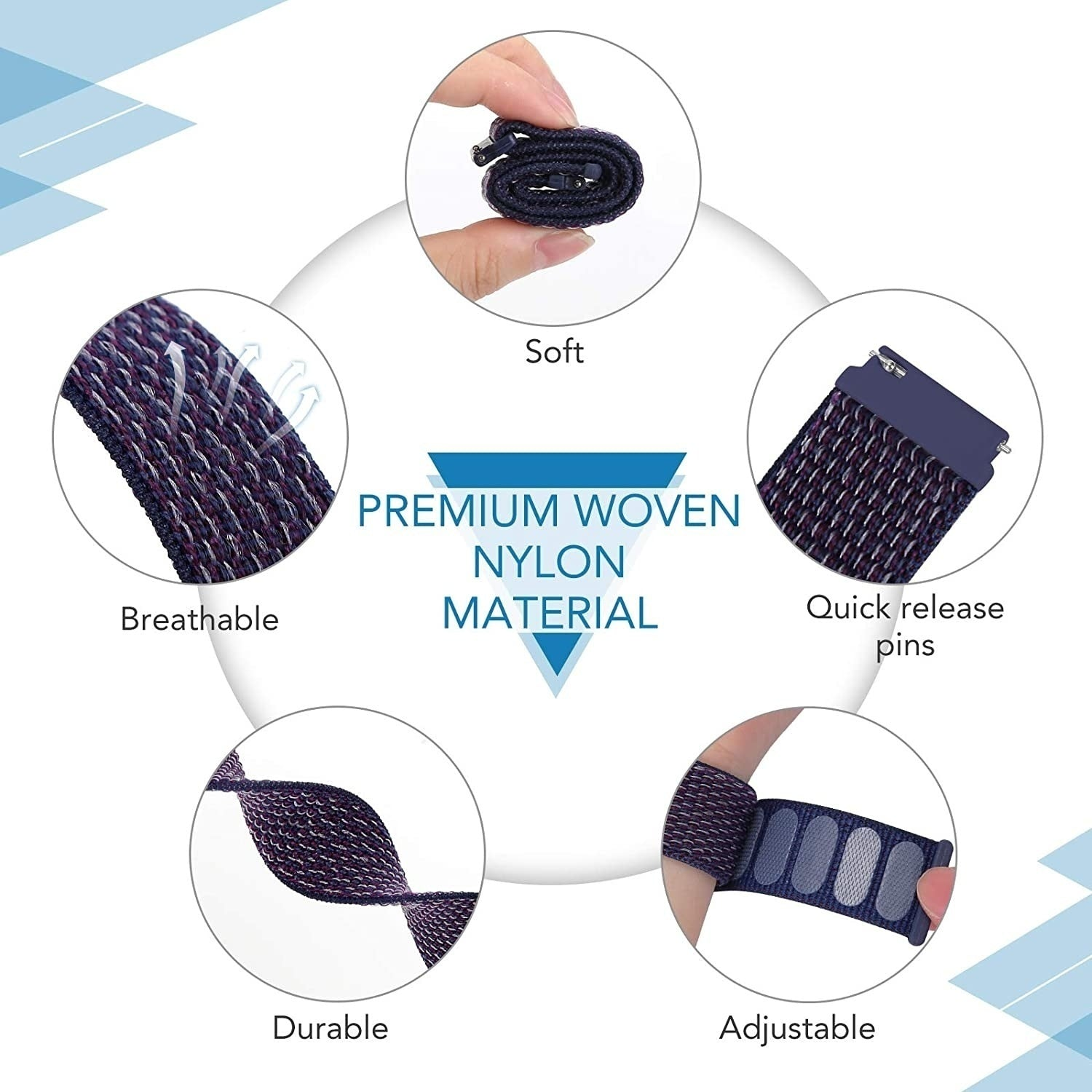 Das Bild zeigt ein gewebtes Nylon-Uhrenarmband mit hervorgehobenen Merkmalen: atmungsaktiv, weich, Schnellverschlussstifte, langlebig und verstellbar.