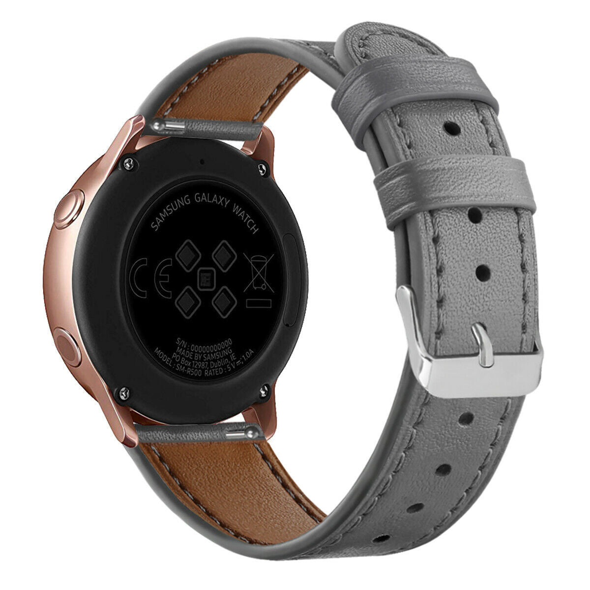 Eine Samsung Galaxy Watch mit roségoldenem Gehäuse und grauem Lederarmband. Die Rückseite der Uhr ist sichtbar und zeigt Details und Markierungen.