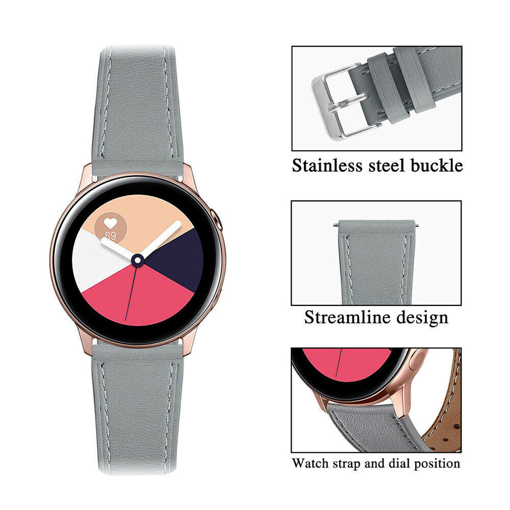 Eine graue Smartwatch mit roségoldenem Gehäuse. Das Zifferblatt zeigt pinke, weiße, marineblaue und hellbraune Segmente. Details beinhalten eine Schnalle und ein stromlinienförmiges Design.