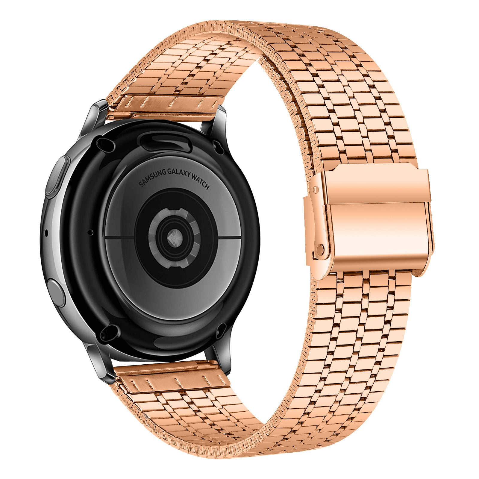 Eine roségoldene Samsung Galaxy Watch mit passendem Metallband. Die Uhr befindet sich auf weißem Hintergrund.