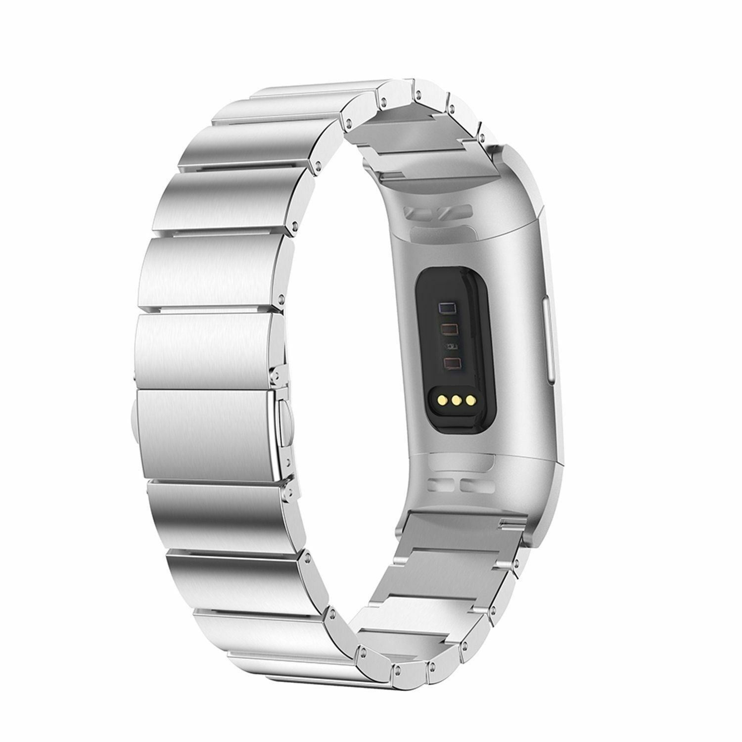 Ein silbernes Metall-Uhrenarmband, offen, mit einem schwarzen Bildschirm mit Punkten und Rechtecken. Isoliert auf weißem Hintergrund.