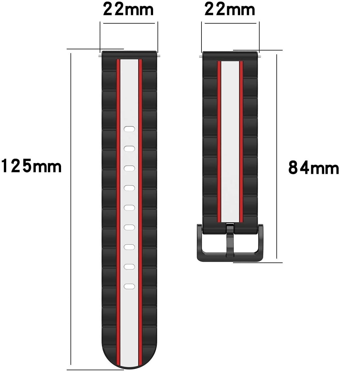 Uhrarmbänder, eines lang und eines kurz, mit einem roten und weißen Streifen in der Mitte. Maße sind angegeben: 125 mm, 84 mm und 22 mm.