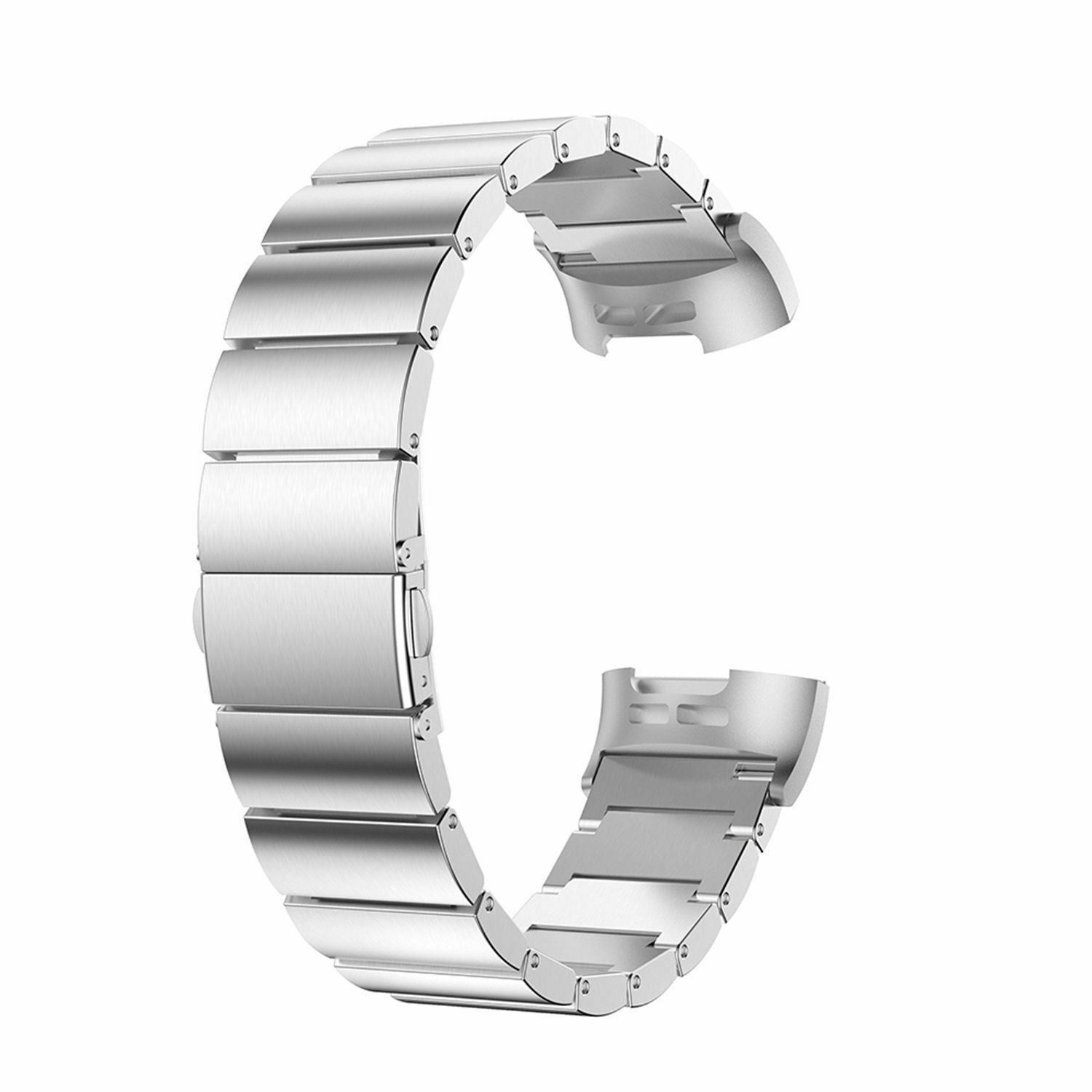 Ein silbernes Metall-Uhrenarmband, gebogene Form, mit mehreren rechteckigen Gliedern verbunden. Der Hintergrund ist weiß.