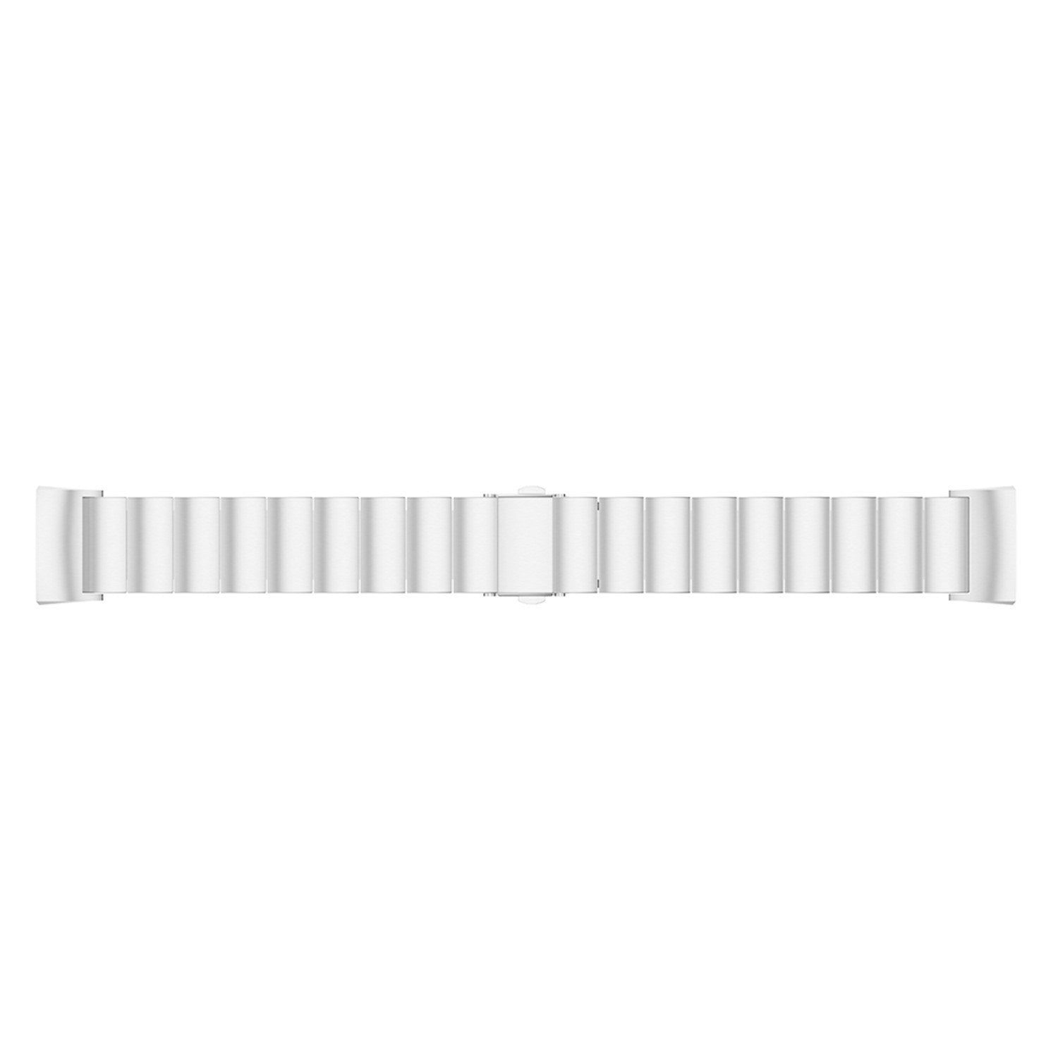 Ein weißes Uhrenarmband, bestehend aus rechteckigen Metallgliedern, liegt horizontal vor weißem Hintergrund. Der Verschluss ist mittig.