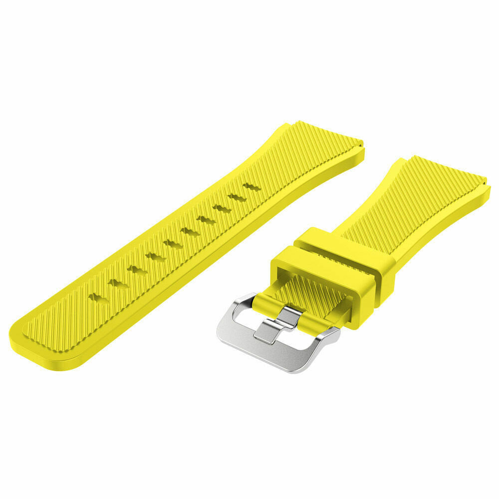 Zweiteiliges gelbes Uhrenarmband mit strukturierter Oberfläche. Ein Teil hat Löcher, der andere eine silberne Schnalle. Weißer Hintergrund.