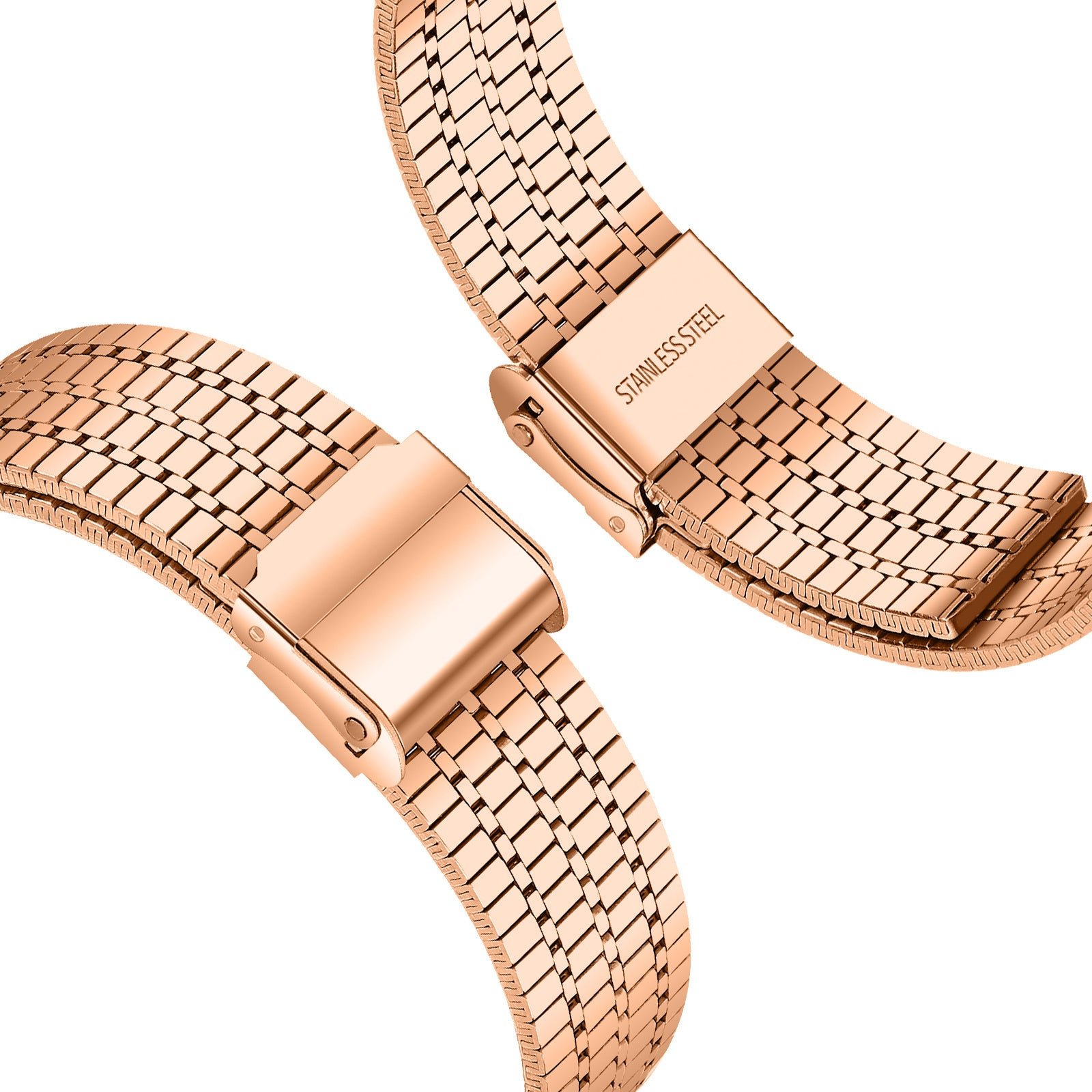 Roségoldenes Uhrenarmband mit Edelstahlverschluss. Das Band ist im Netzstil und der Verschluss trägt die Aufschrift Edelstahl.