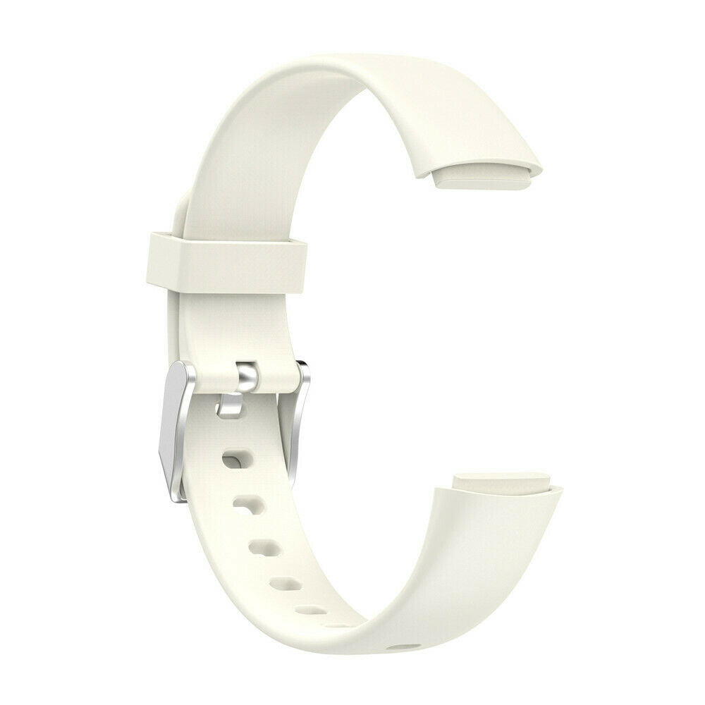 Ein weißes Uhrenarmband mit einer silbernen Schnalle wird vor einem weißen Hintergrund gezeigt. Das Armband ist gebogen und hat mehrere Löcher.