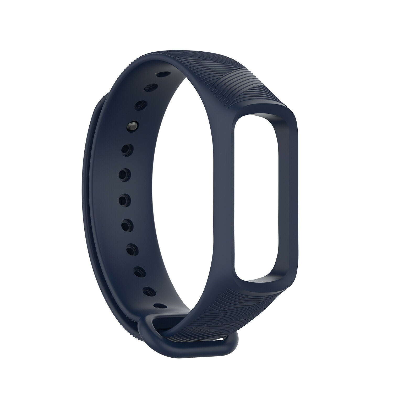 Ein dunkelblaues Fitness-Tracker-Armband ist abgebildet. Es besteht aus Gummi und hat die Form einer Schlaufe mit Löchern und einer Schnalle.