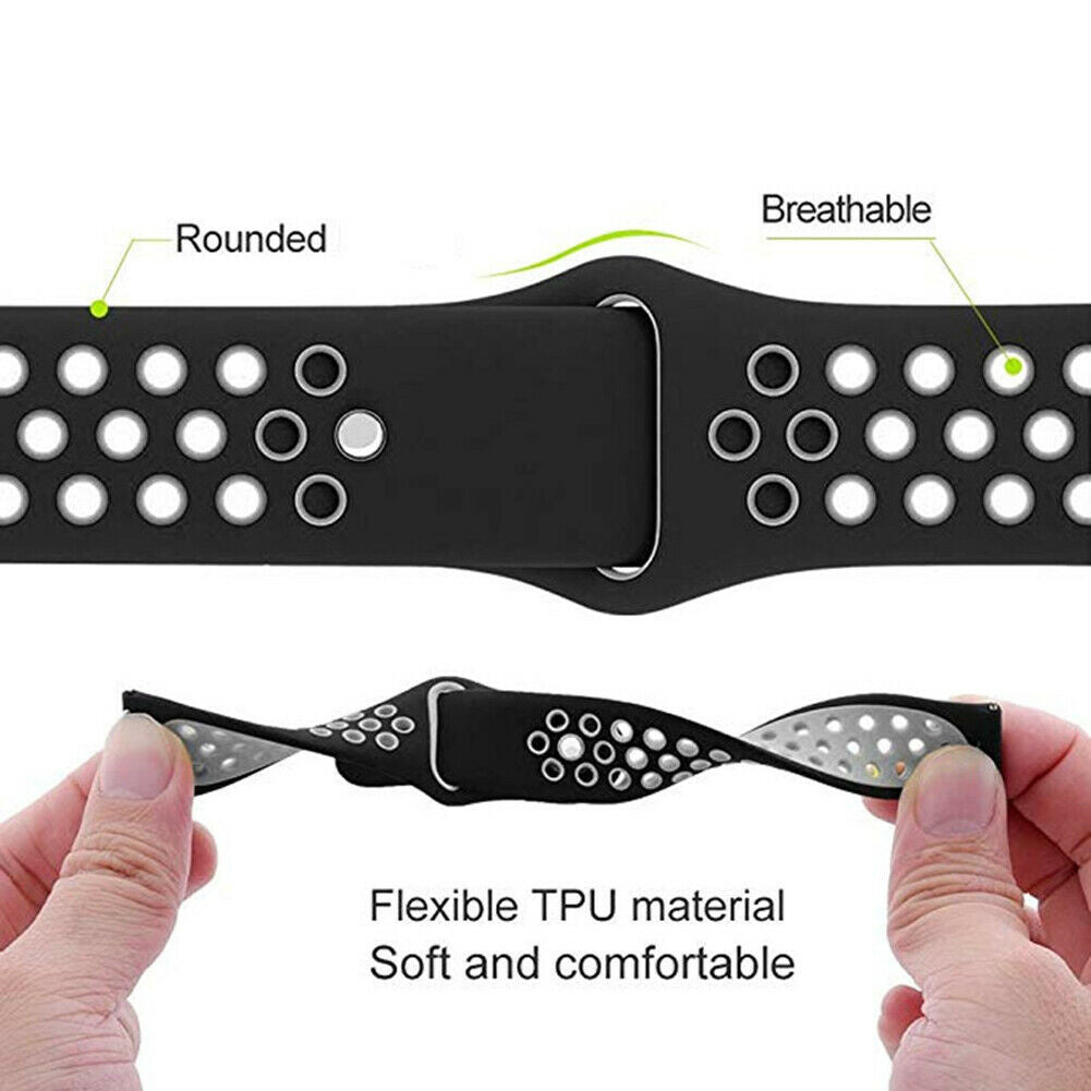 Schwarzes Armband mit weißen Punkten, das von Händen gehalten wird. Der Text lautet 'Rounded', 'Breathable' und 'Flexible TPU material'.
