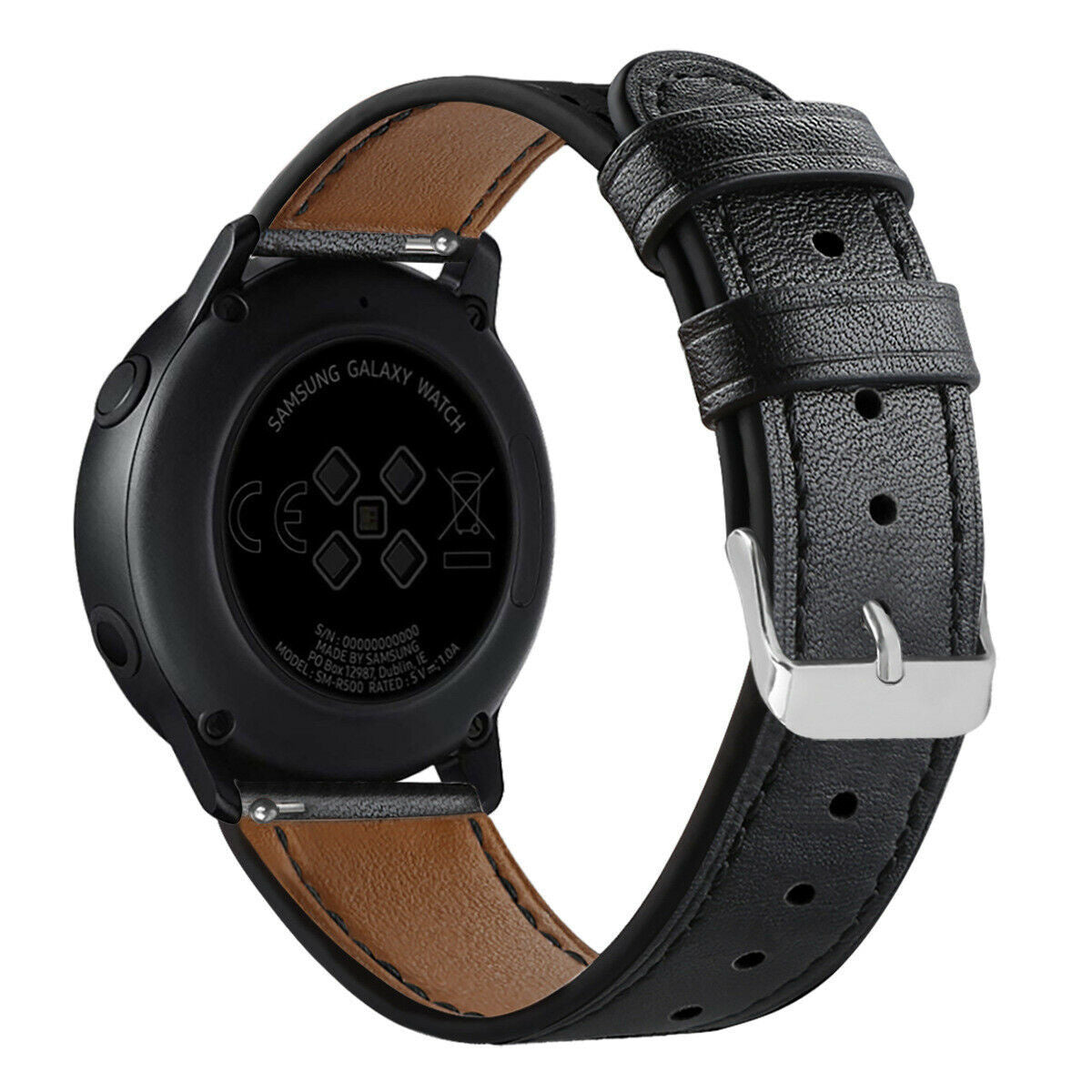Schwarze Samsung Galaxy Watch mit schwarzem Lederarmband und brauner Unterseite. Ein Metallverschluss sichert das Armband.