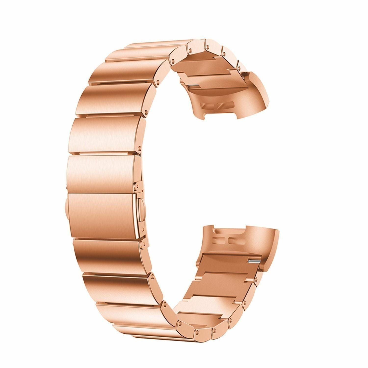 Ein roségoldenes Armband, gebogen, mit rechteckigen Gliedern. Der Hintergrund ist schlicht weiß.