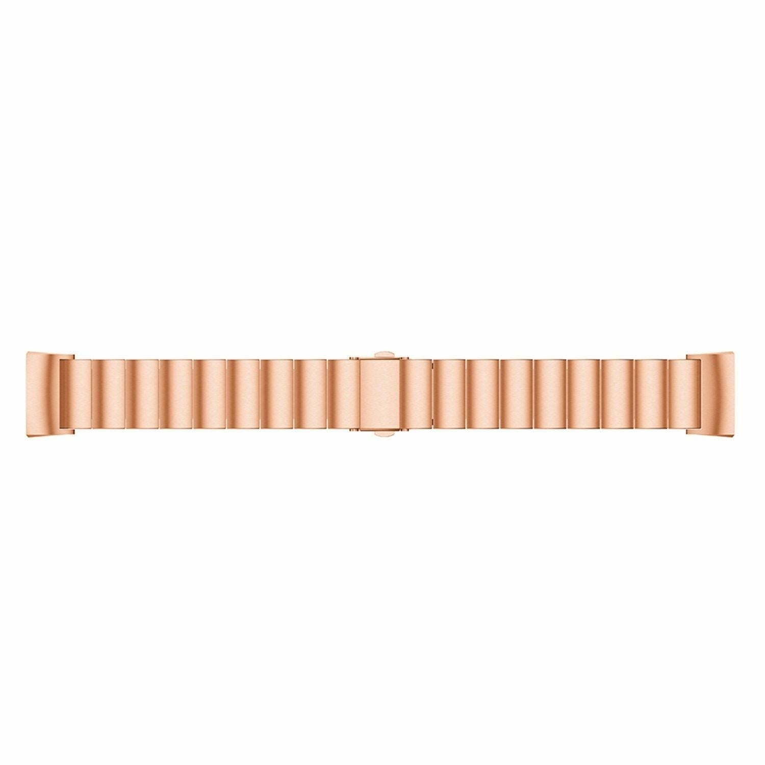 Ein roségoldenes Uhrenarmband liegt horizontal vor weißem Hintergrund. Es besteht aus mehreren rechteckigen Metallgliedern.
