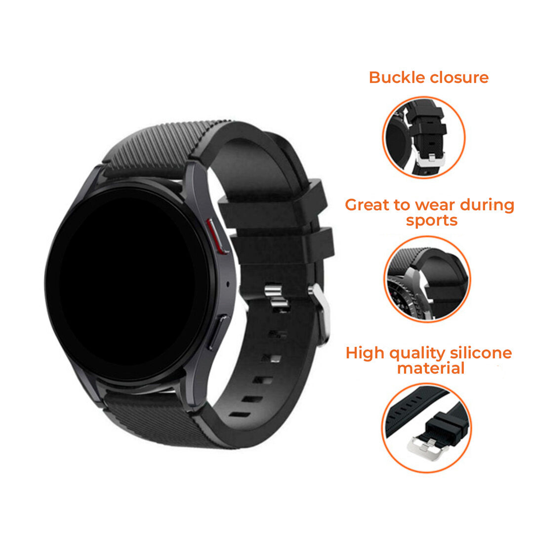 Schwarze Smartwatch mit schwarzem Silikonarmband. Details zeigen Schnalle, Verwendung beim Sport und hochwertiges Silikon.