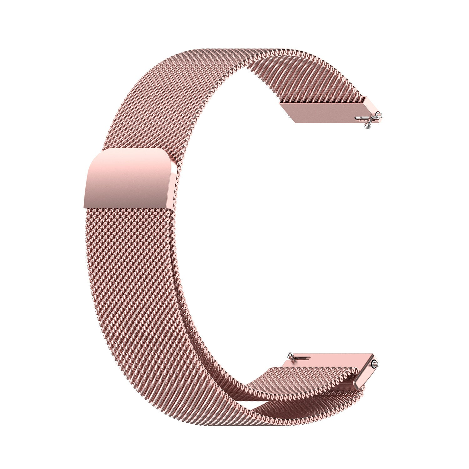 Ein roségoldenes Uhrenarmband in 'C'-Form. Es besteht aus einem gewebten Metallgeflecht mit Schnalle und Befestigungspunkten.