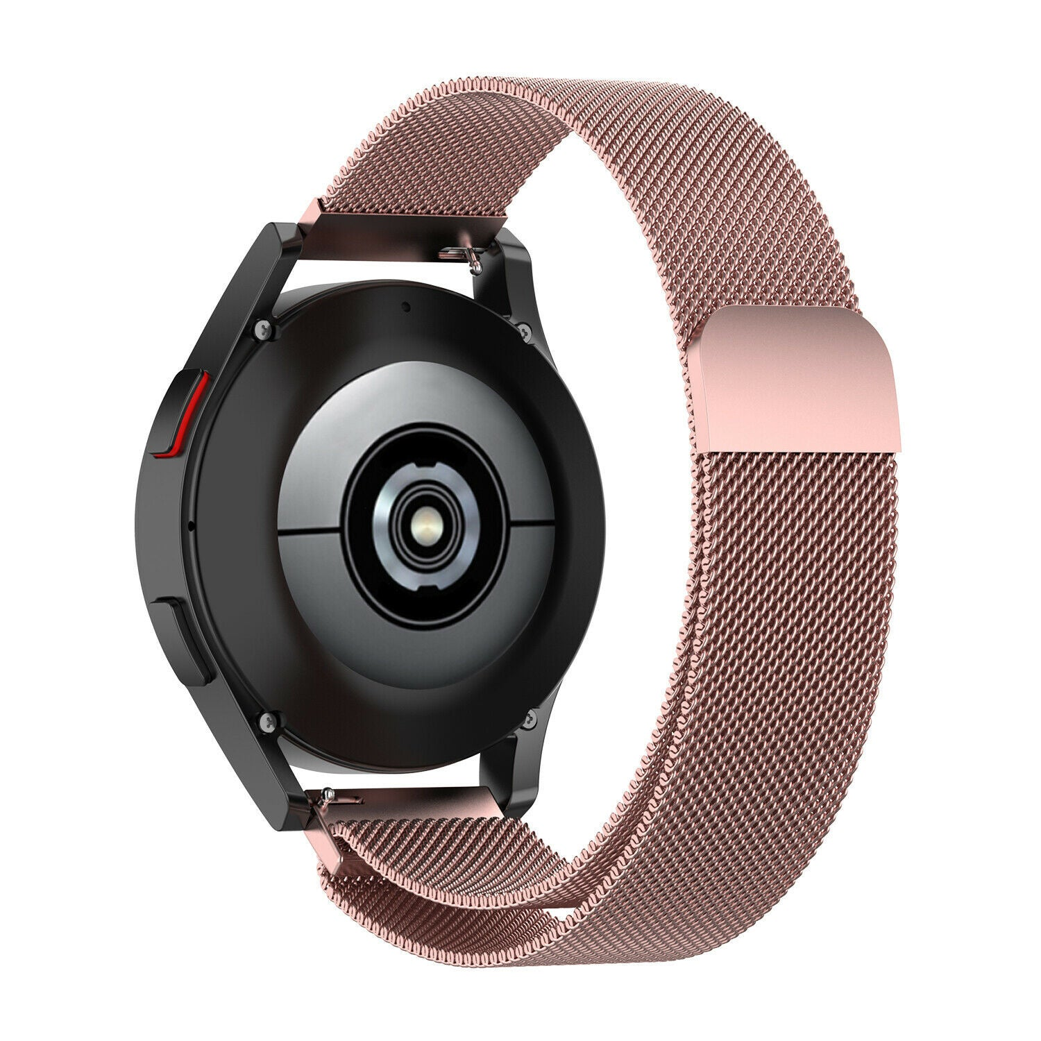 Eine schwarze Smartwatch mit einem roségoldenen Mesh-Armband. Die Rückseite der Uhr hat Sensoren, das Band ist geschlungen.