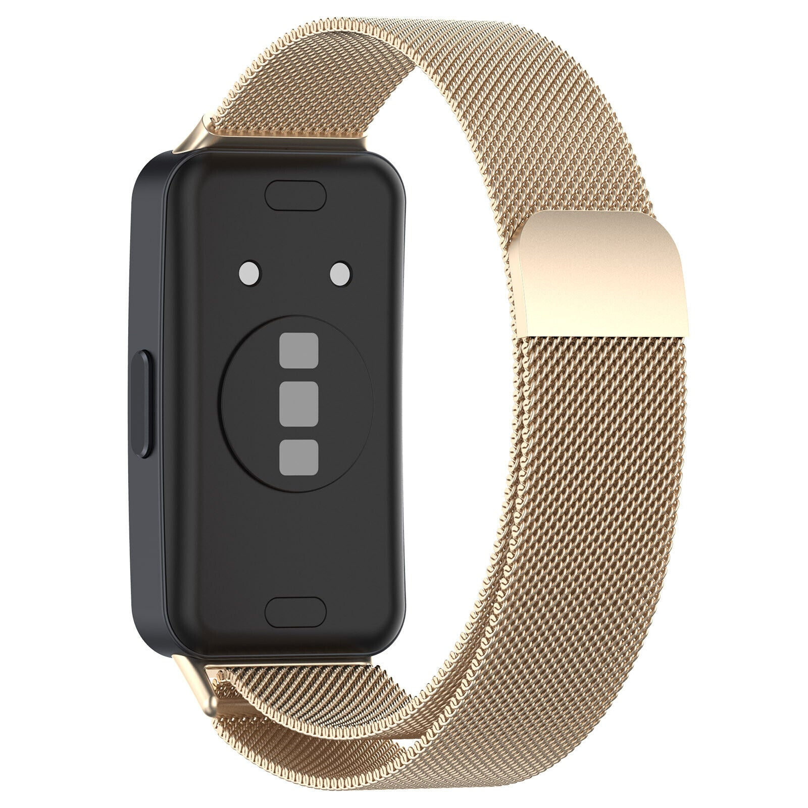 Eine schwarze Smartwatch mit goldenem Mesh-Armband. Das Zifferblatt hat Sensoren und einen metallischen Verschluss. Das Band ist gewebt.