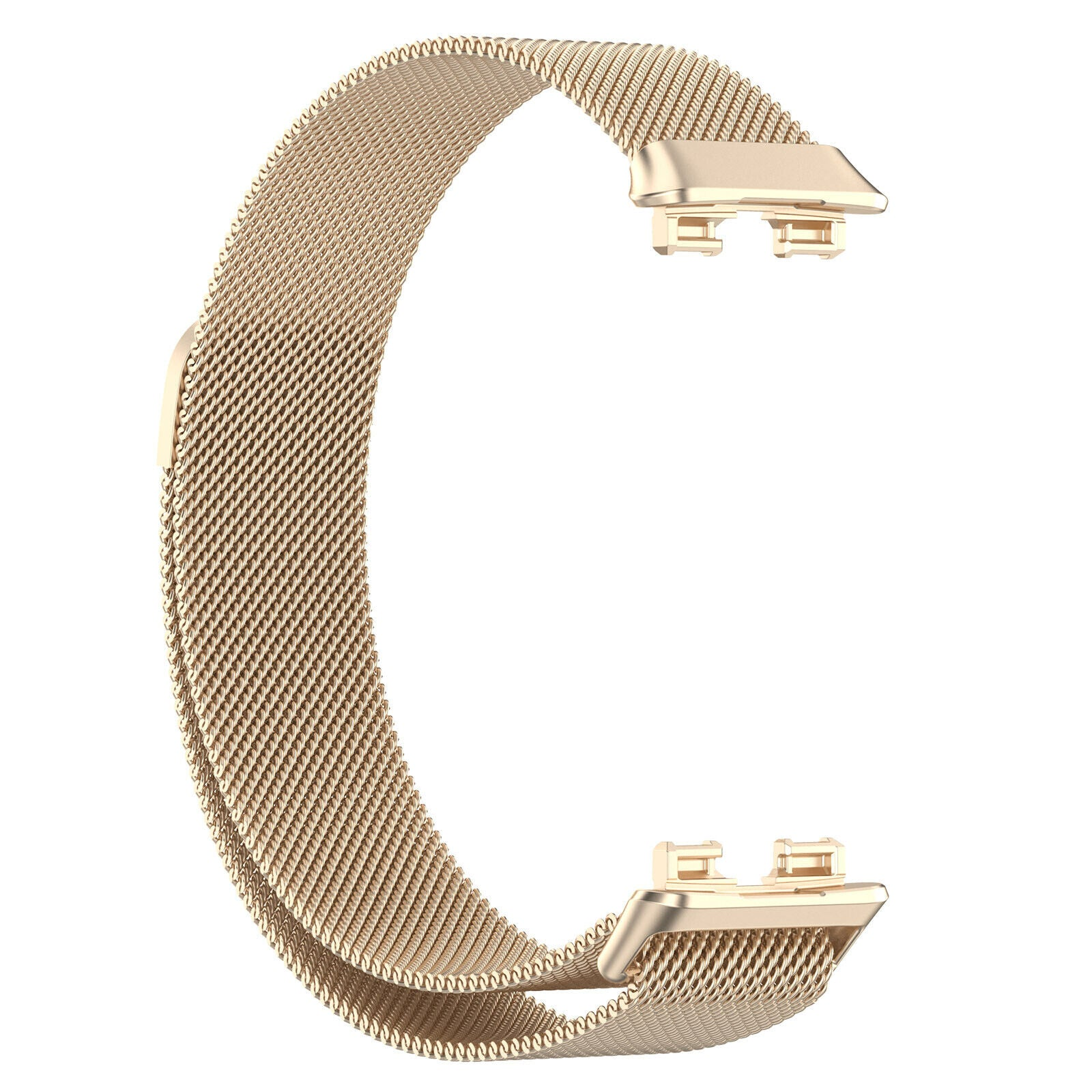 Ein goldenes Metall-Mesh-Armband, geformt wie ein C. Es hat Anschlüsse an jedem Ende und einen weißen Hintergrund.