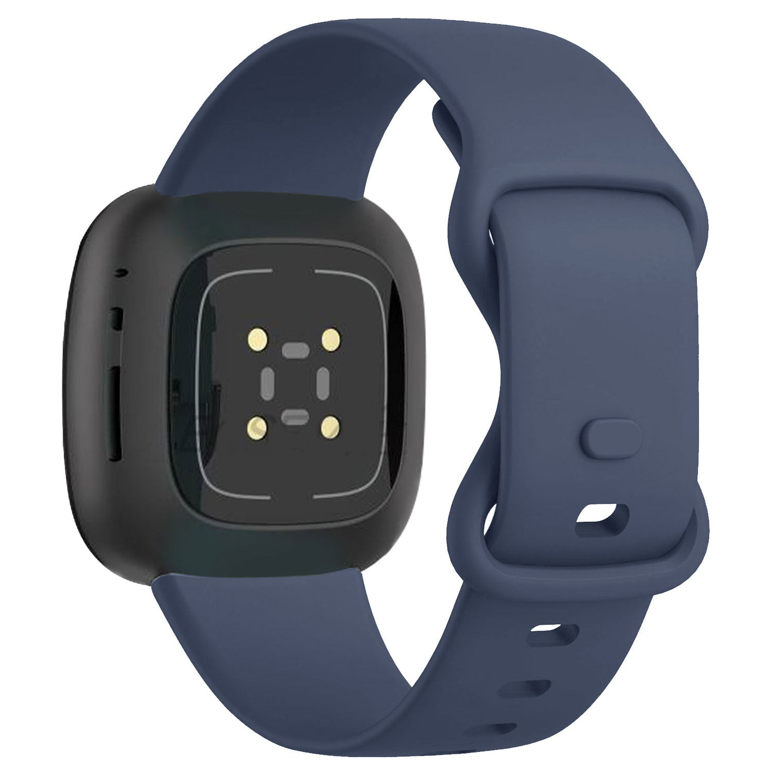 Eine Smartwatch mit dunkelblauem Armband und schwarzem Zifferblatt. Das Zifferblatt zeigt Sensoren. Das Armband ist geschnallt.