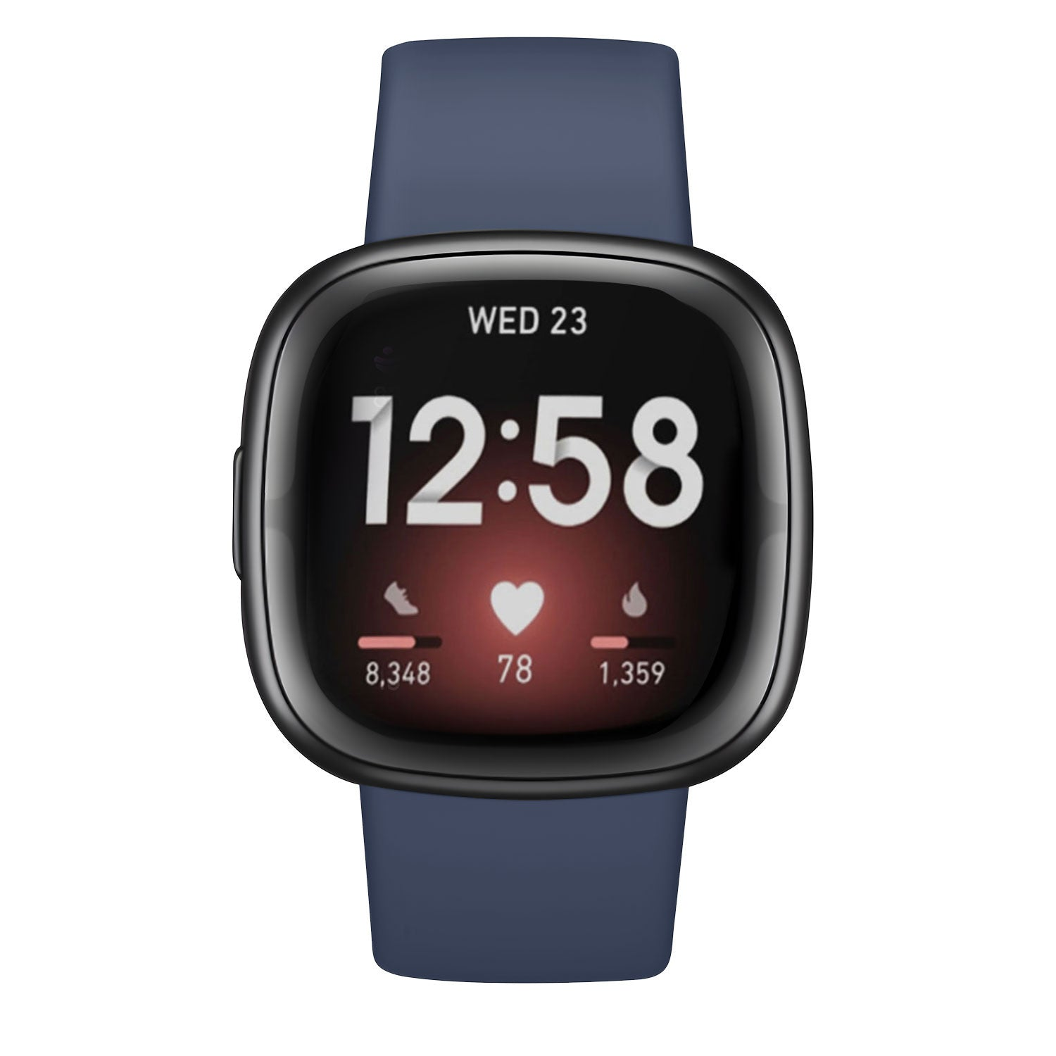 Eine Smartwatch mit blauem Armband. Der Bildschirm zeigt 12:58, Schritte, Herzfrequenz und Kalorien. Das Armband ist dunkelblau.