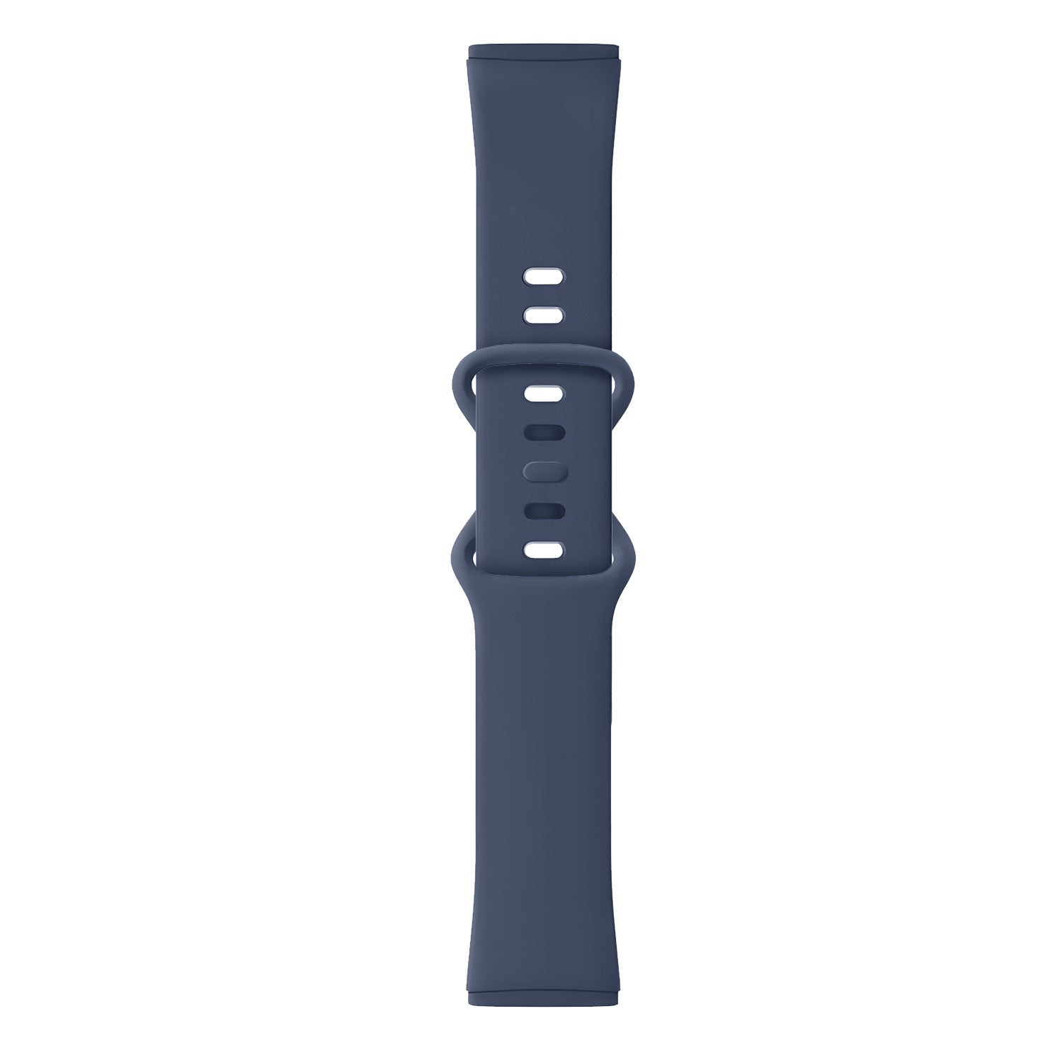 Ein marineblaues Uhrenarmband liegt vertikal vor einem weißen Hintergrund. Es hat eine Schnalle und mehrere Löcher zur Größenanpassung.