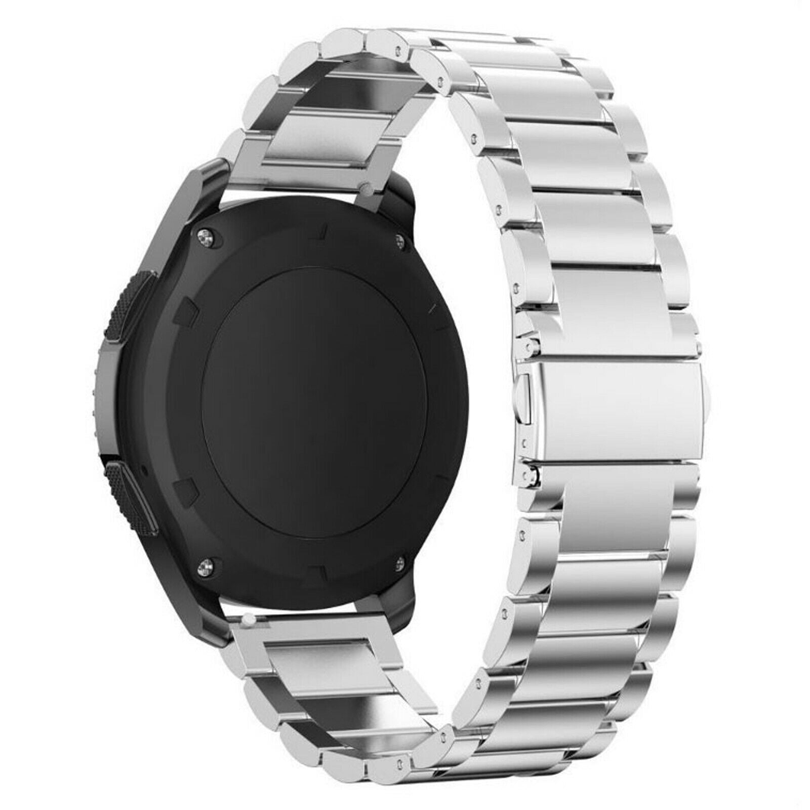 Eine schwarze Smartwatch mit silbernem Metallarmband. Die Uhr ist teilweise sichtbar.