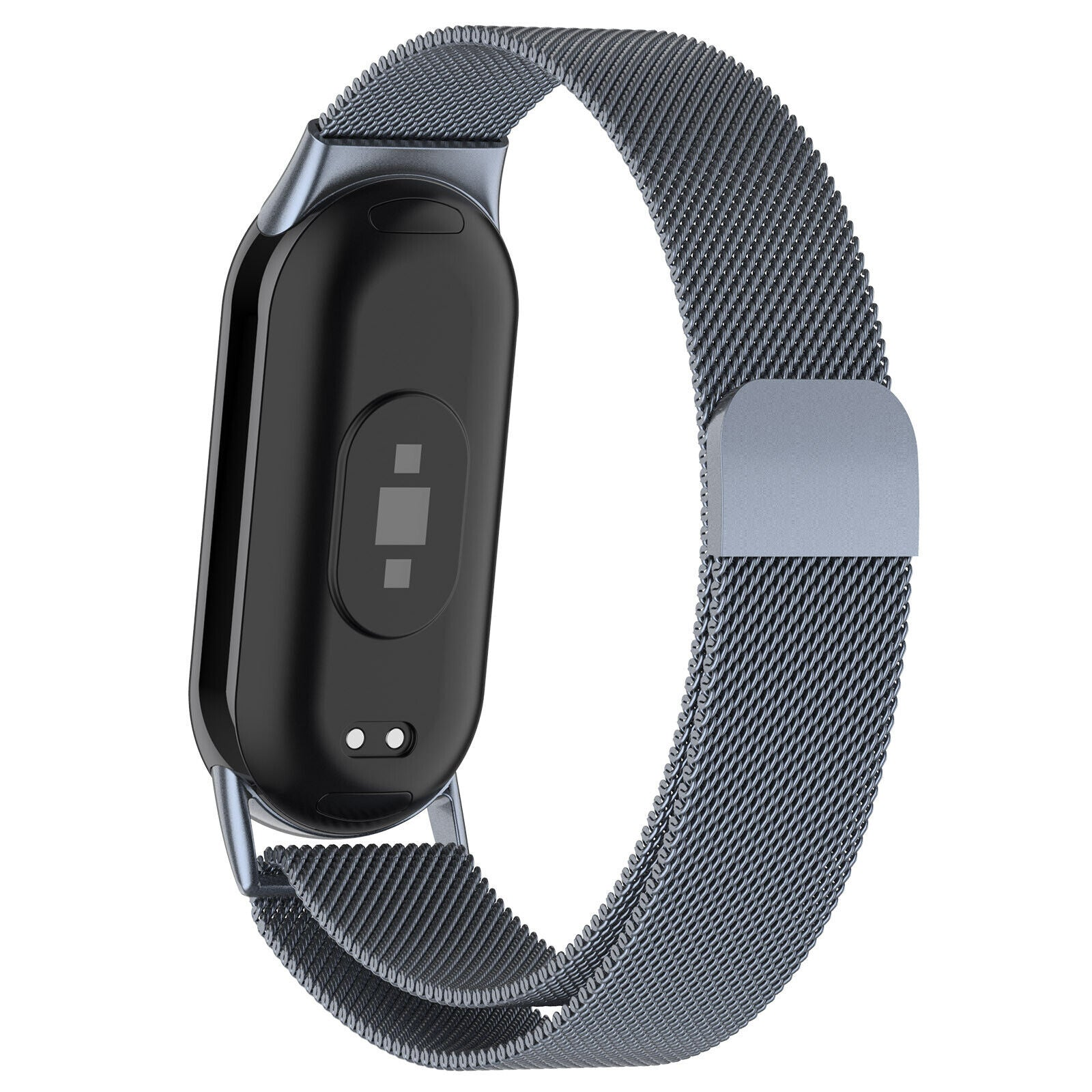 Schwarzer Fitness-Tracker mit silbernem Mesh-Armband. Die Rückseite hat einen Bildschirm und Kreise.