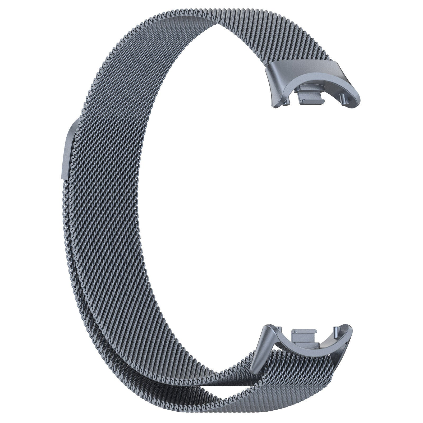 Ein silbernes metallisches Uhrenarmband in C-Form. Es hat ein Netzdesign und Befestigungspunkte an beiden Enden.