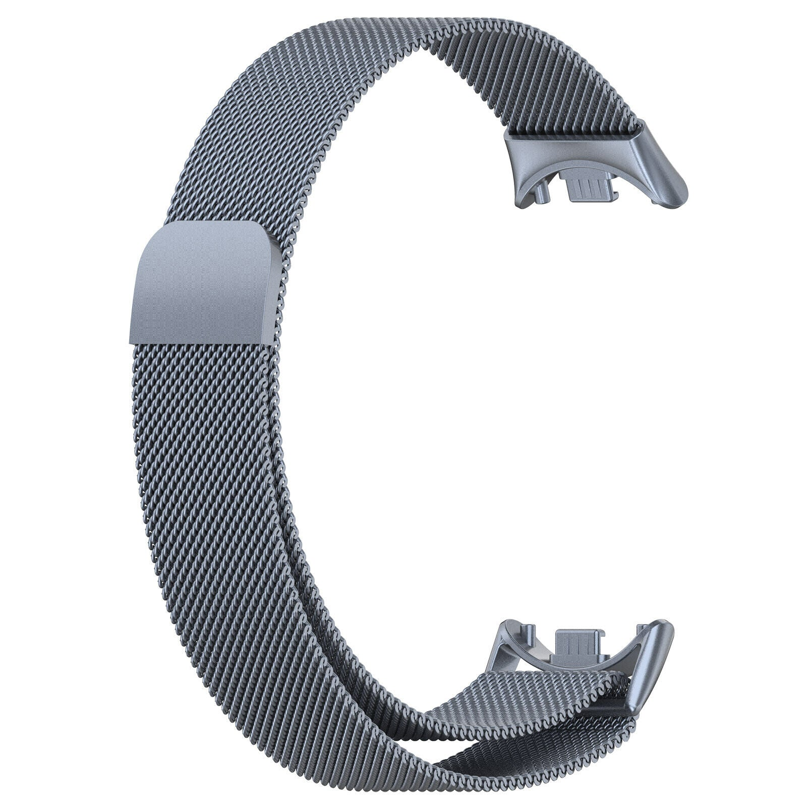 Ein silbernes Uhrenarmband aus Metallgeflecht. Es ist gebogen und hat an jedem Ende zwei Verschlüsse.