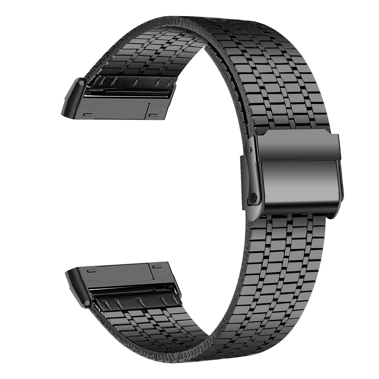 Ein schwarzes Metall-Uhrenarmband, das C-förmig gebogen ist. Das Armband hat einen Verschluss und besteht aus kleinen, rechteckigen Gliedern.