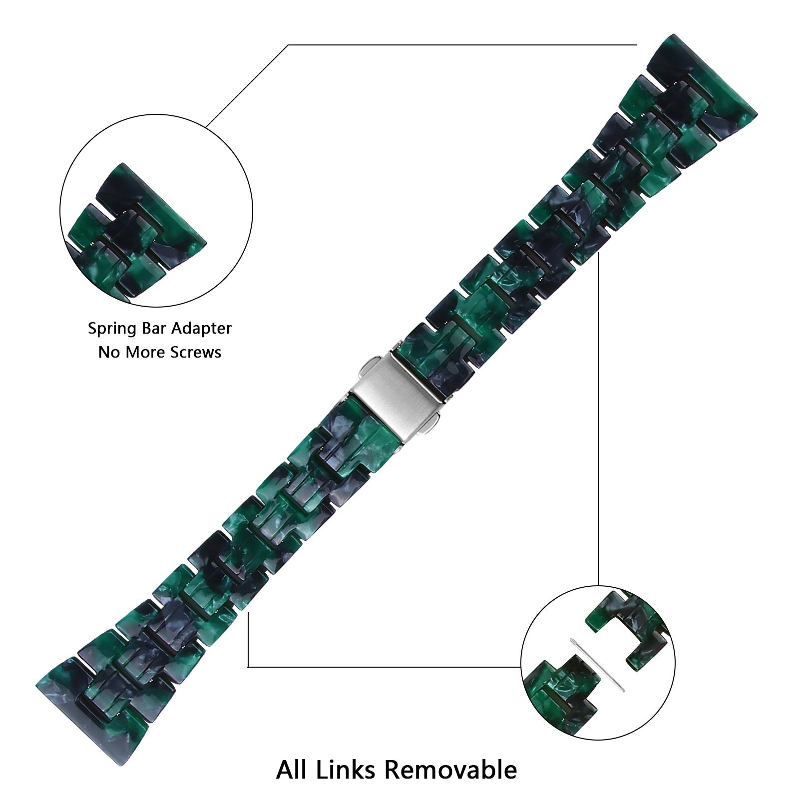 Grünes und schwarzes Uhrenarmband auf weißem Hintergrund. Details zeigen Federstegadapter, Glieder und Verschluss.